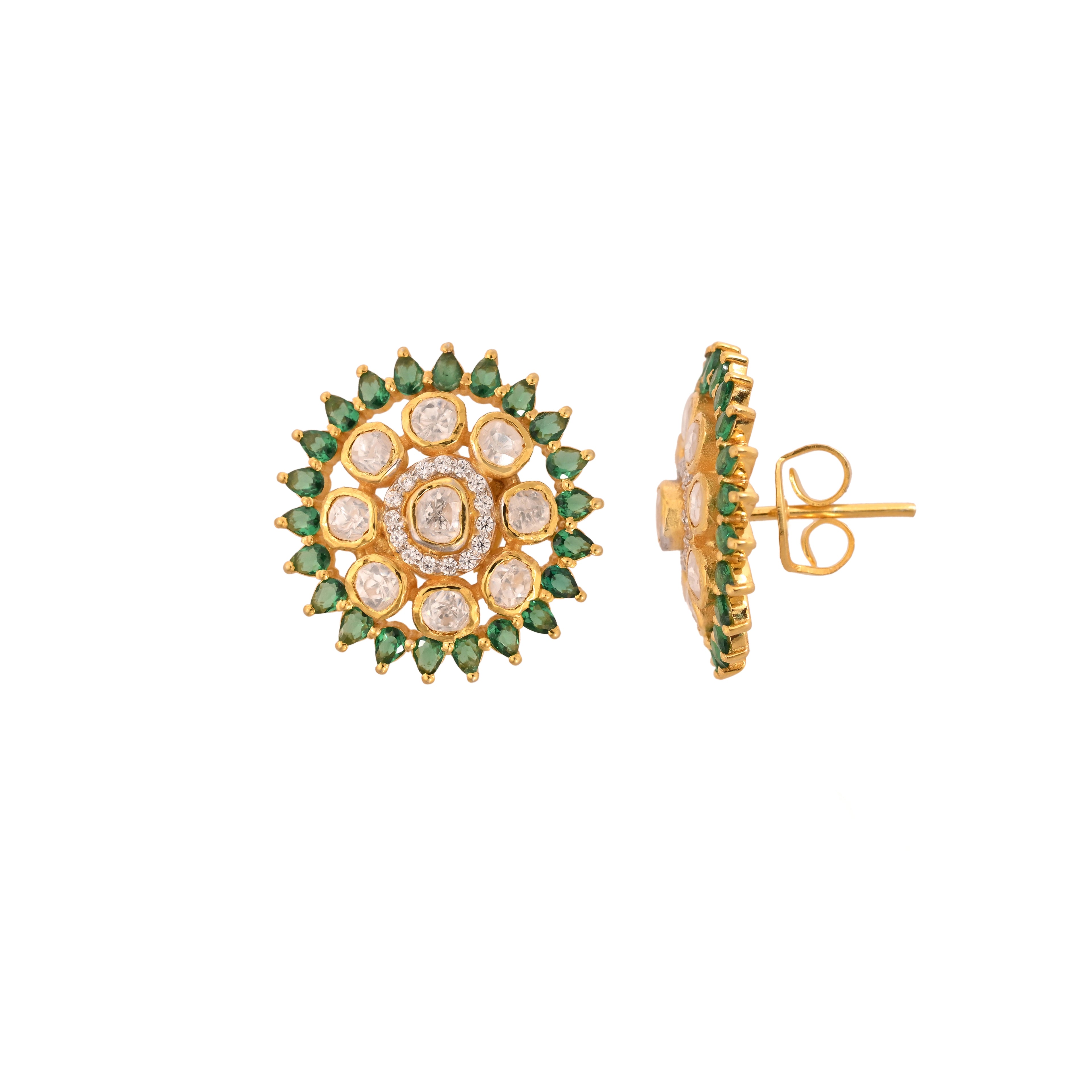Floral Round Polki & Emerald Silver Earrings