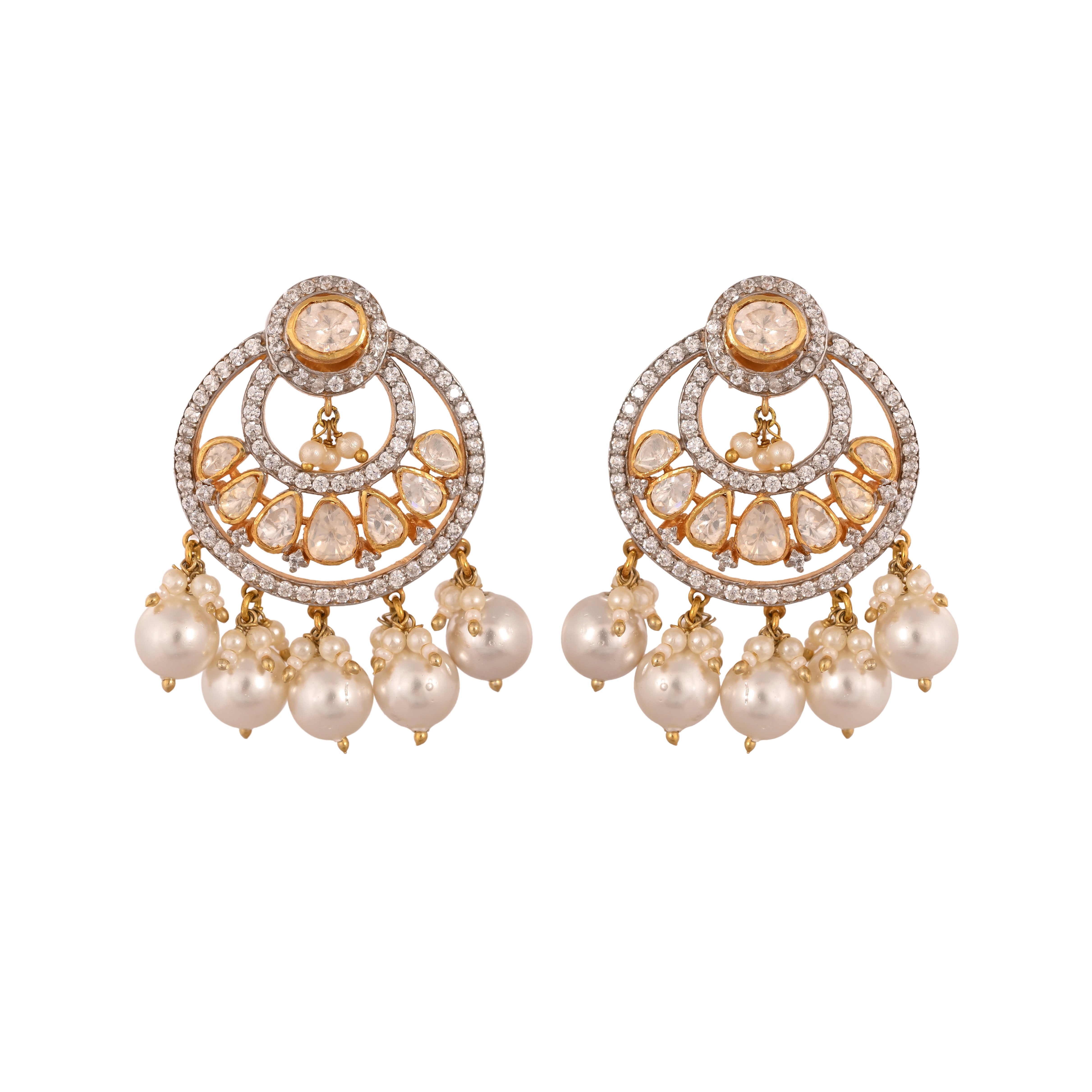 Noor Polki Silver Chandbali with Pearl Drops