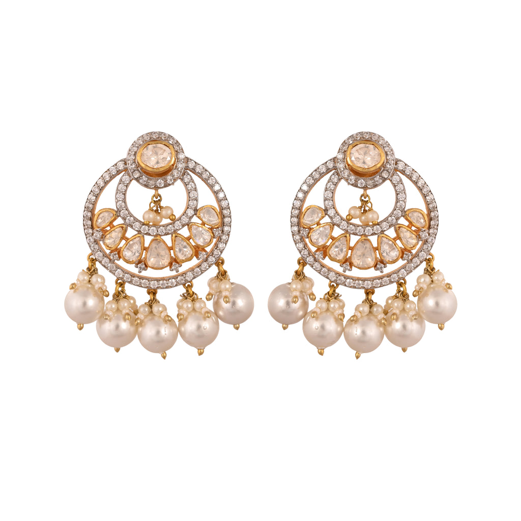 Noor Polki Silver Chandbali with Pearl Drops