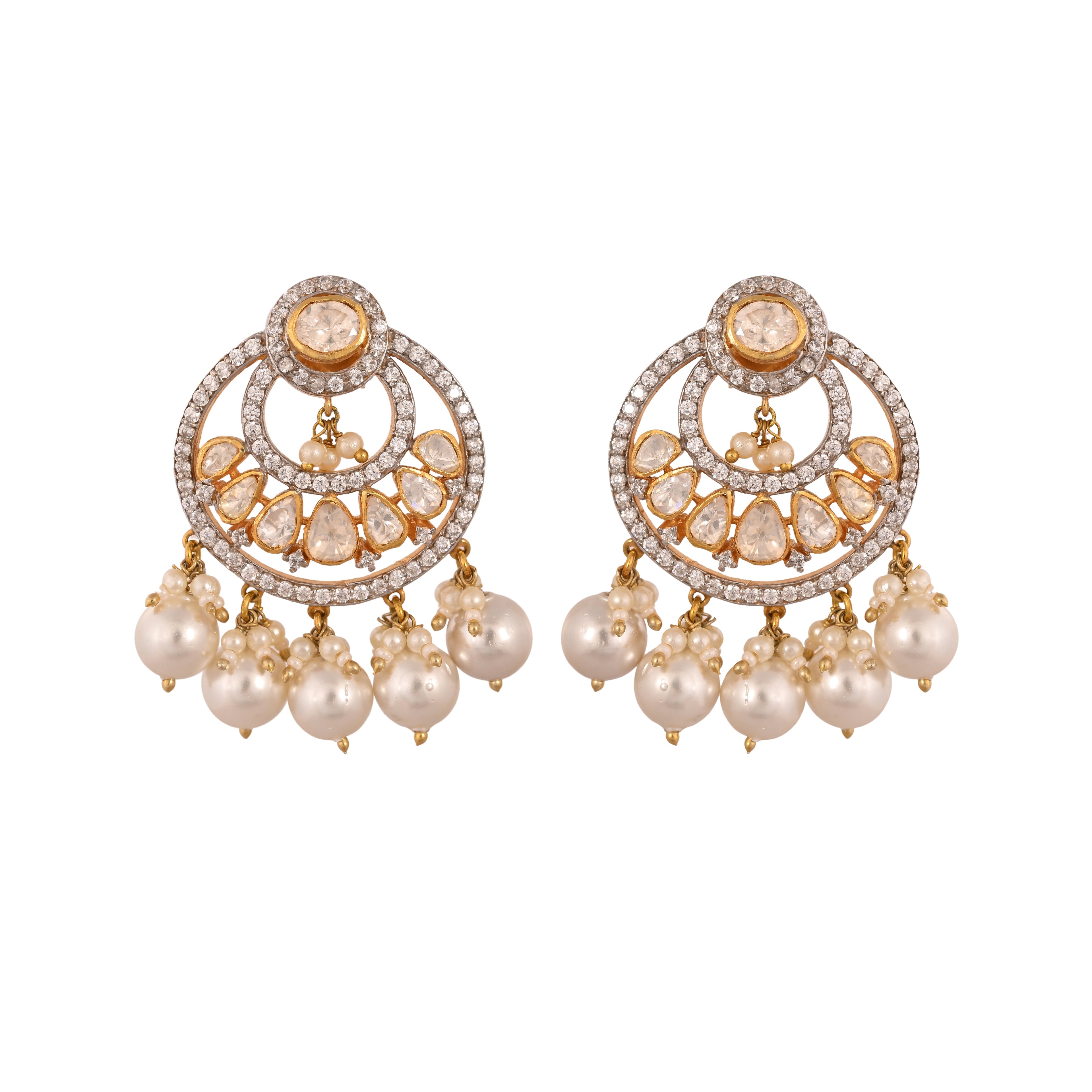 Noor Polki Silver Chandbali with Pearl Drops