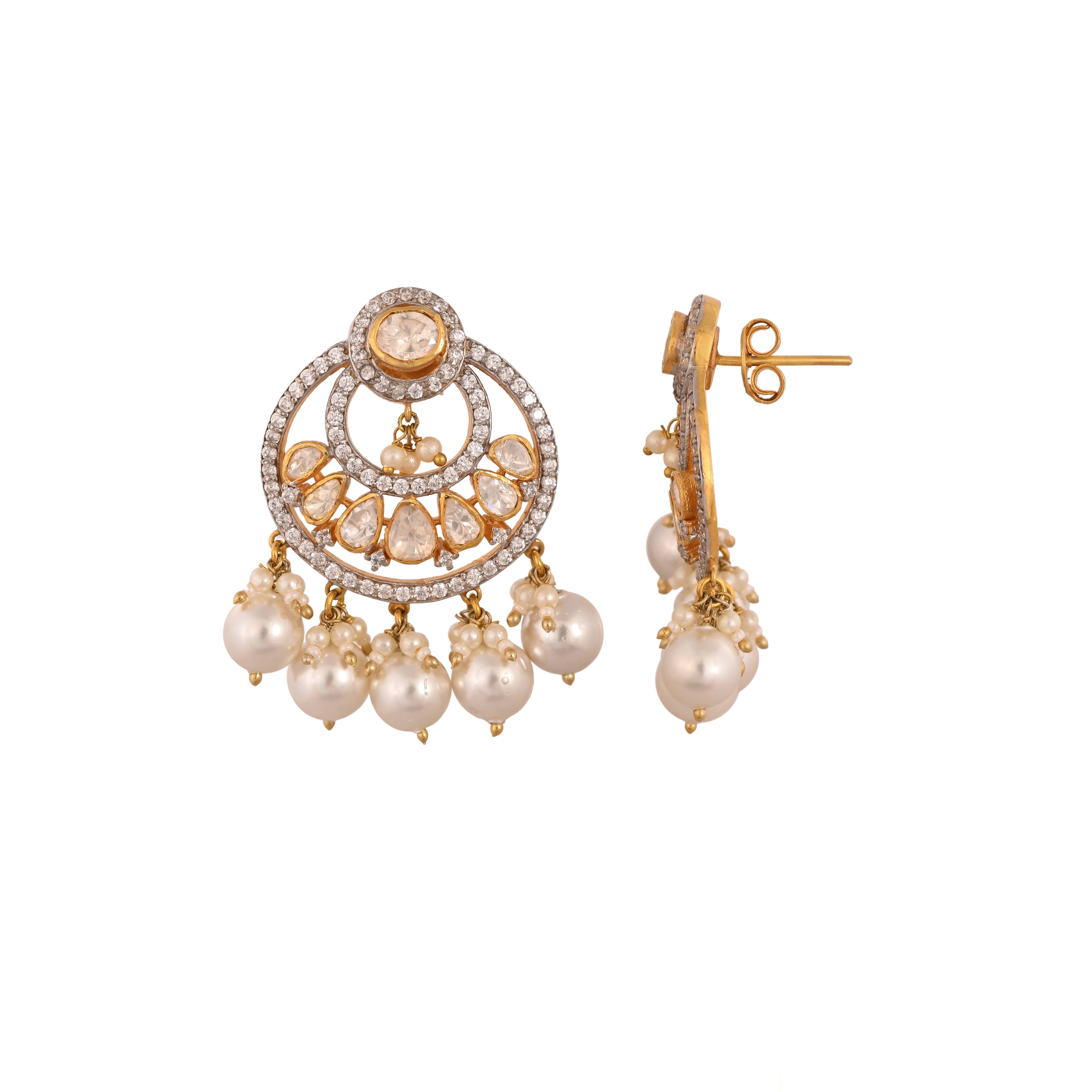 Noor Polki Silver Chandbali with Pearl Drops