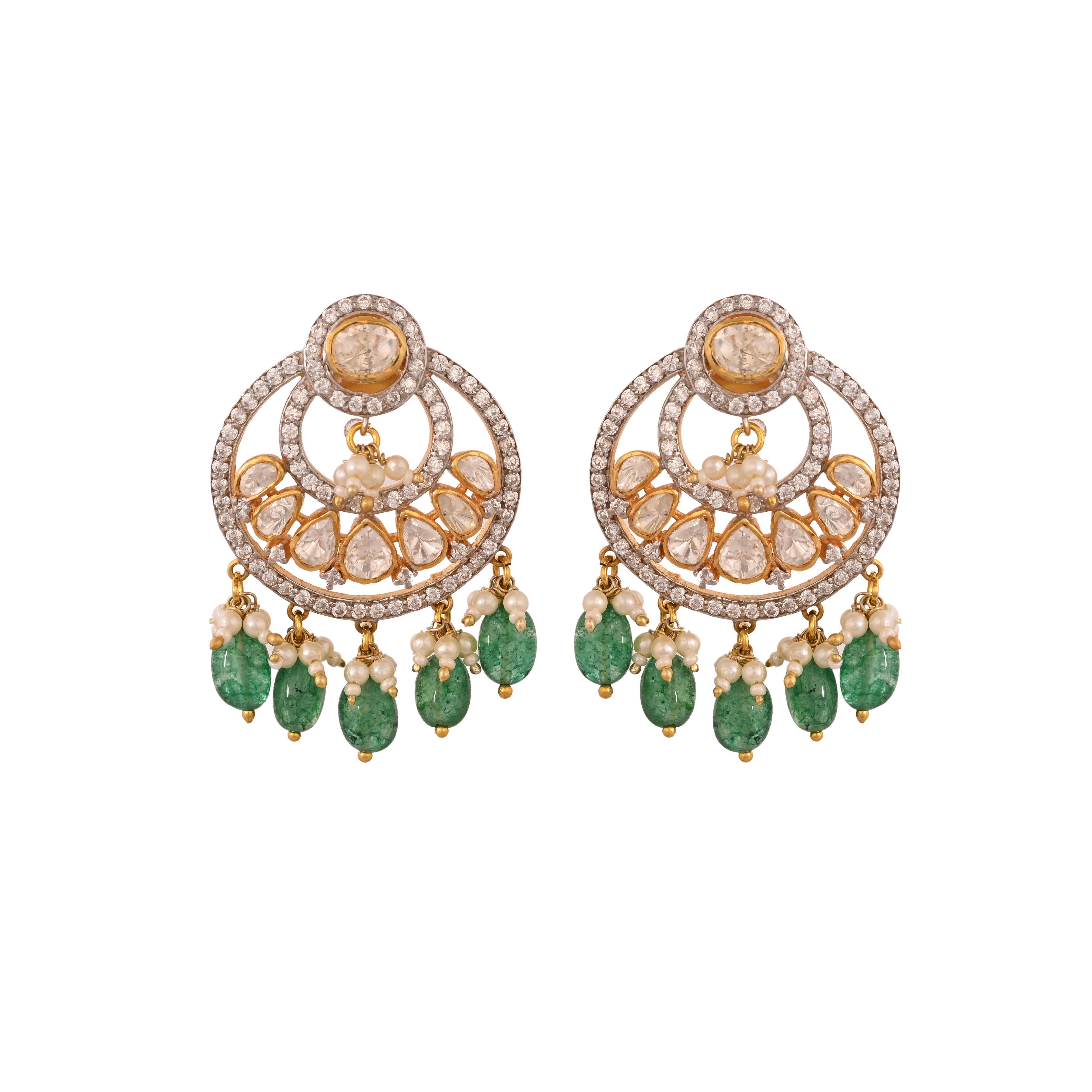 Noor Polki Silver Chandbali with Emerald Drops