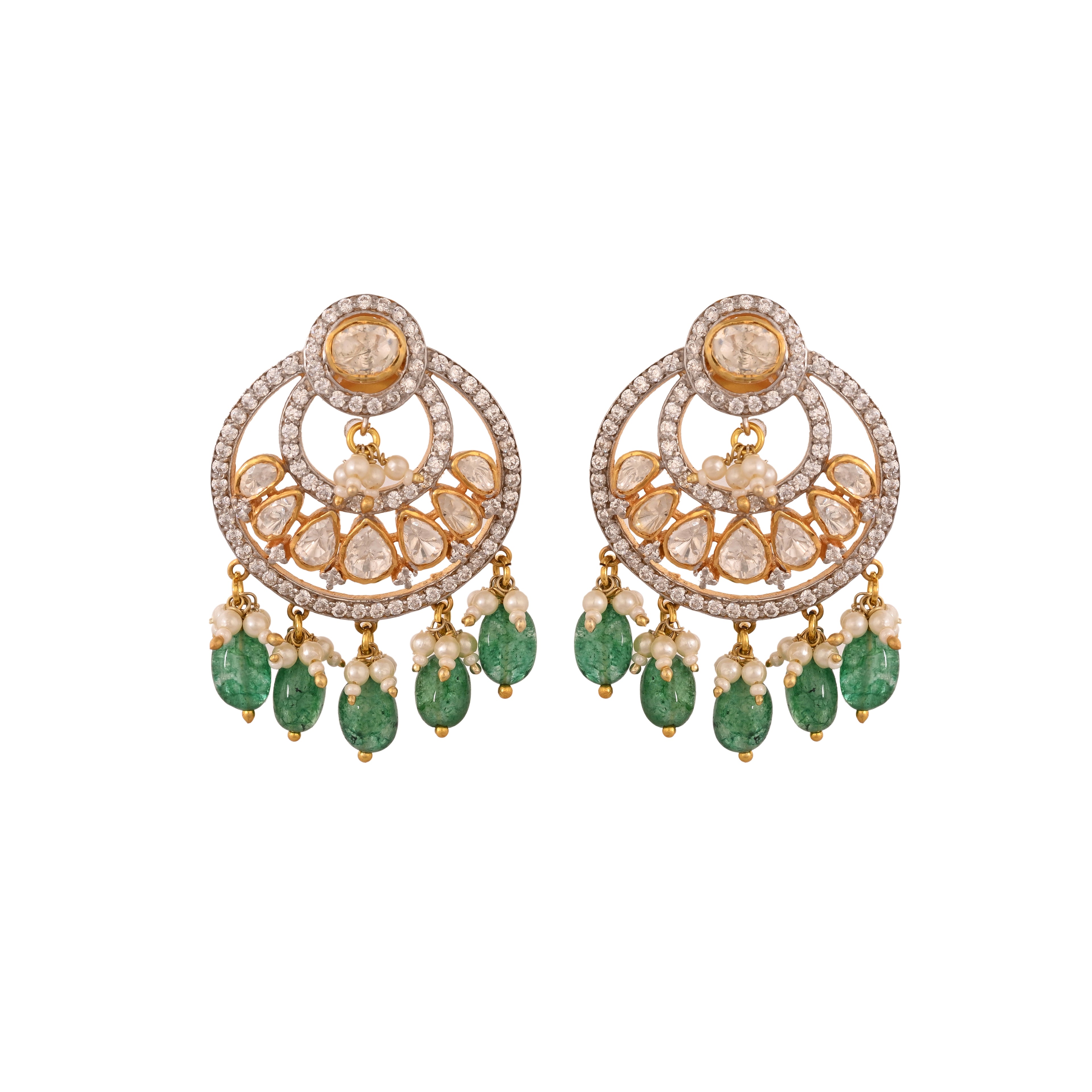 Noor Polki Silver Chandbali with Emerald Drops