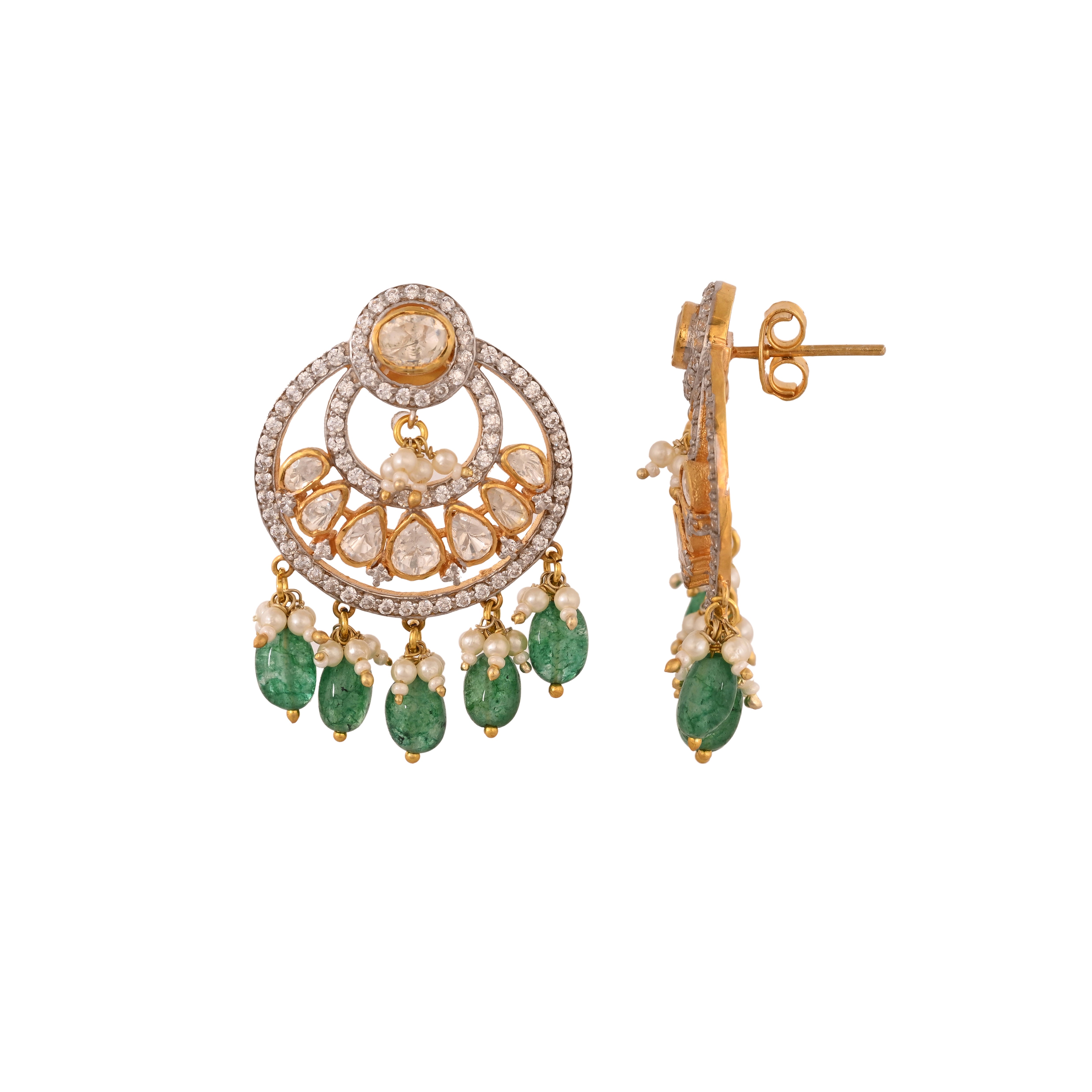 Noor Polki Silver Chandbali with Emerald Drops