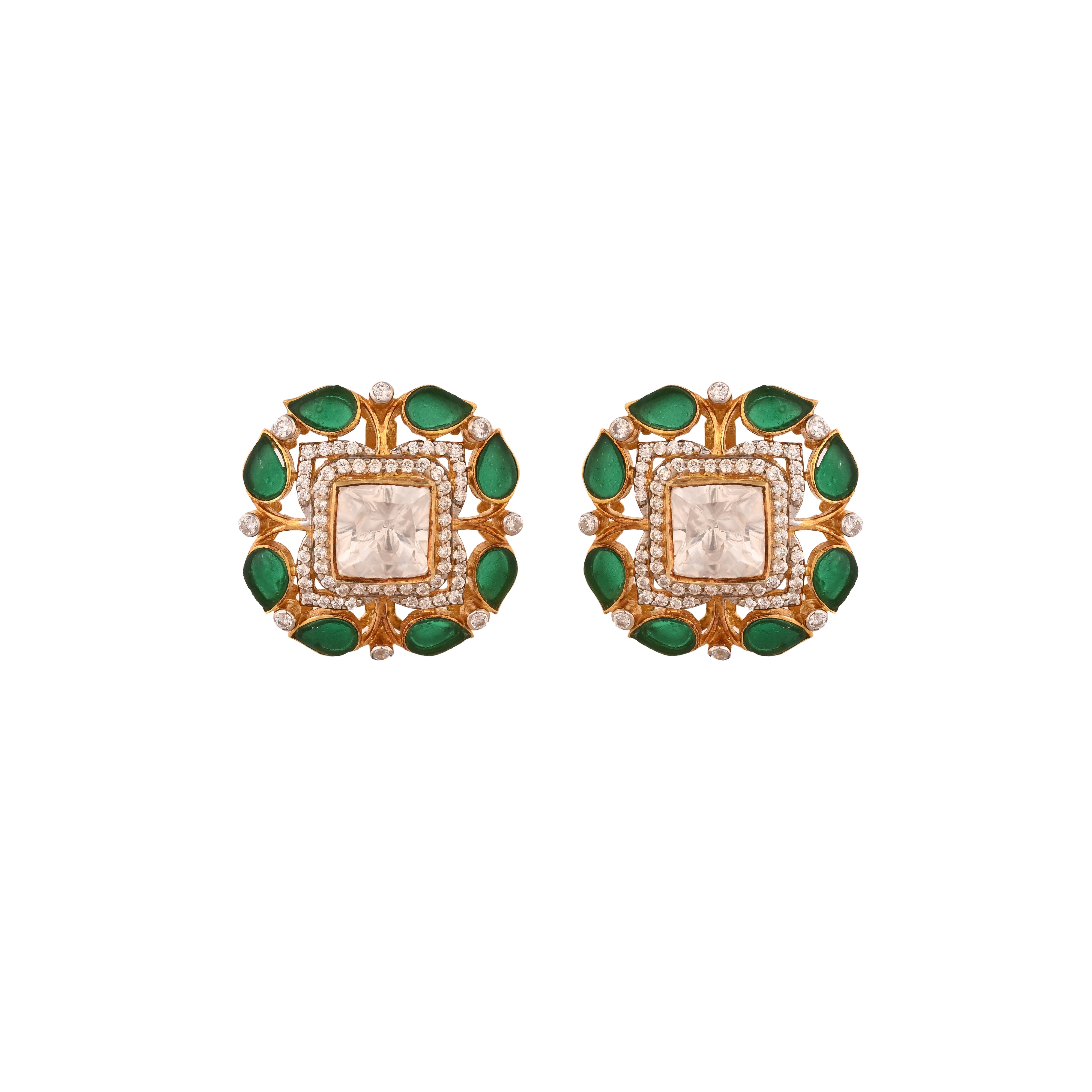 Floral Square Polki & Emerald Silver Earrings