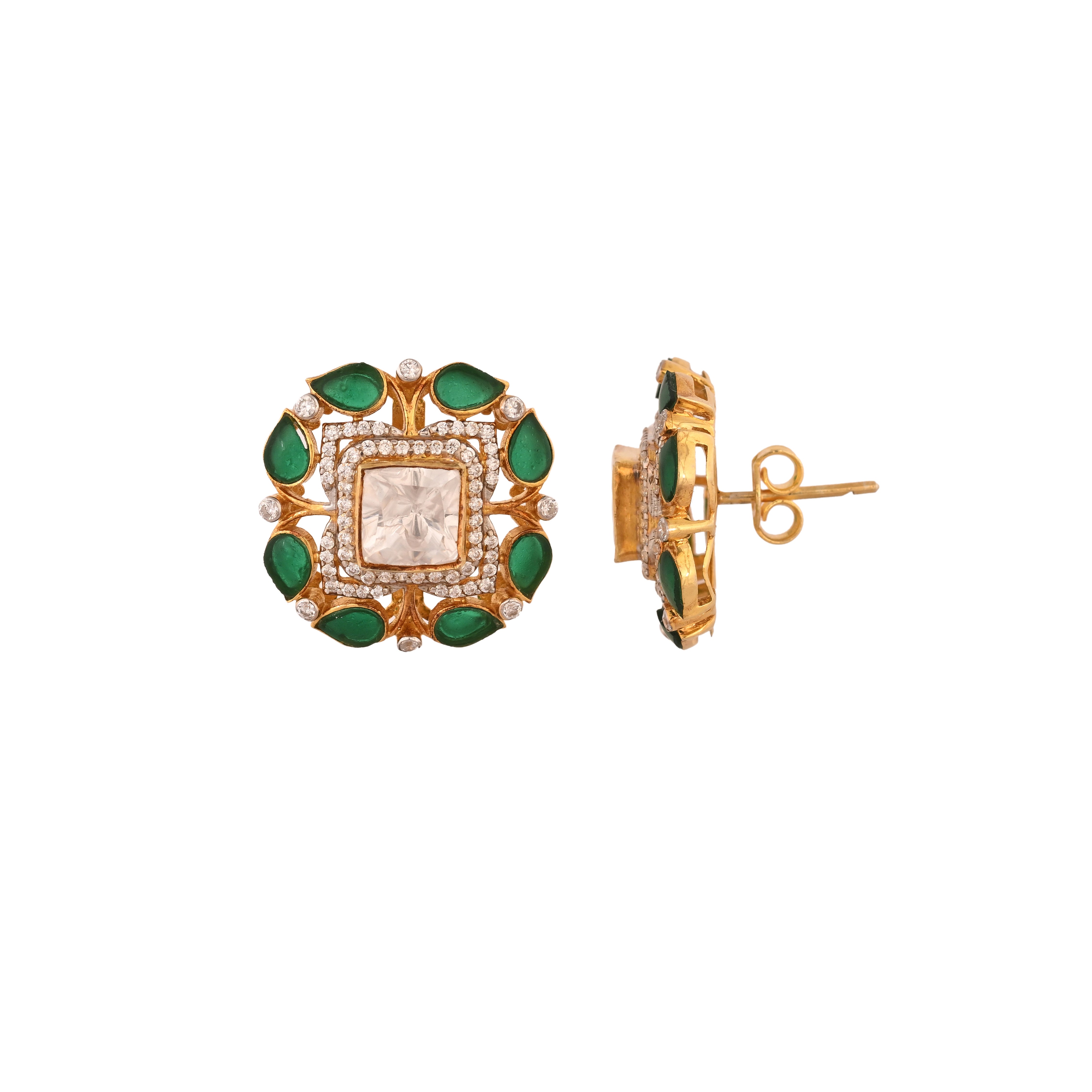 Floral Square Polki & Emerald Silver Earrings