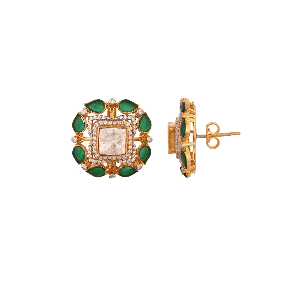Floral Square Polki & Emerald Silver Earrings