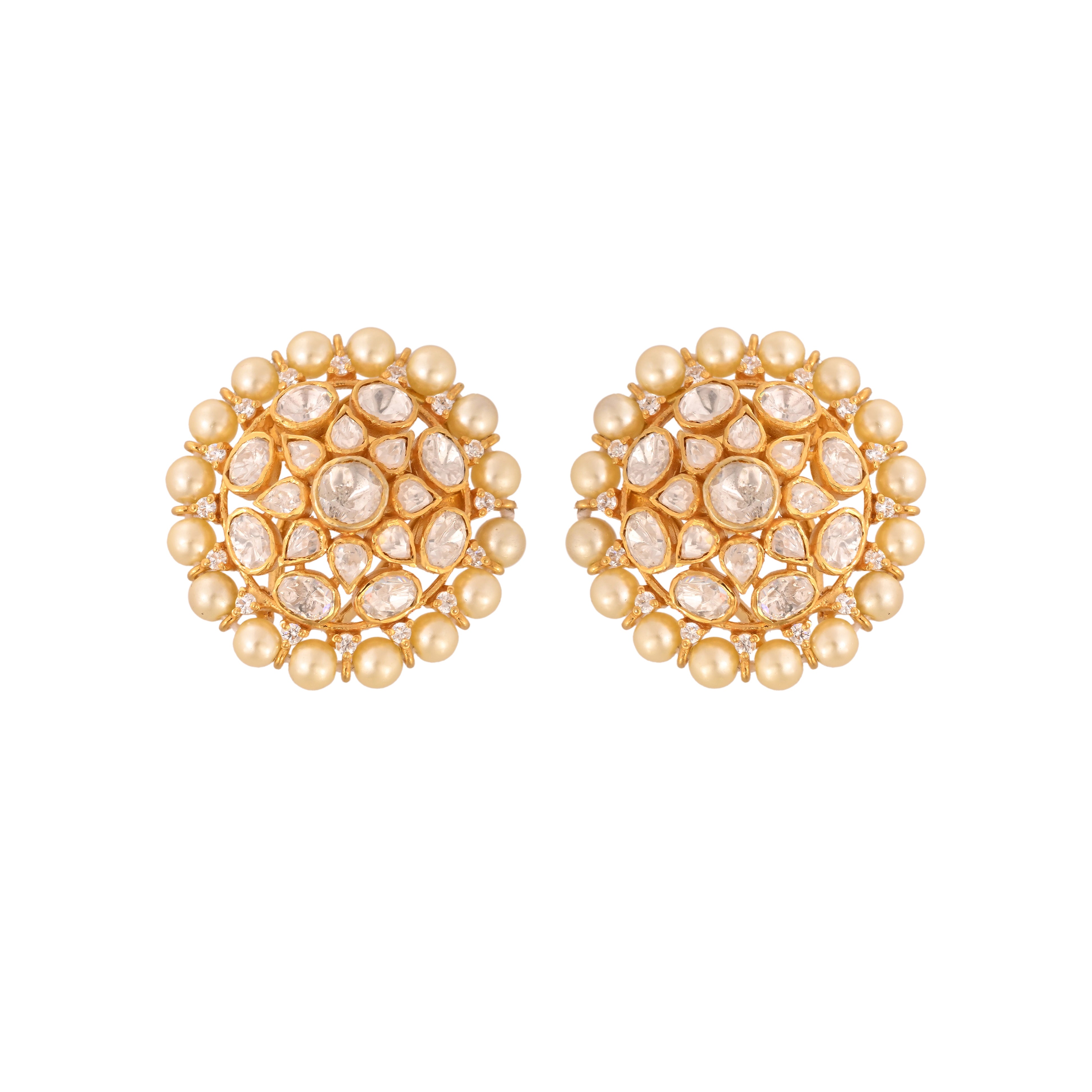 Noor Bloom Round Polki & Pearl Silver Earrings