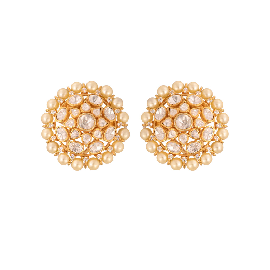 Noor Bloom Round Polki & Pearl Silver Earrings