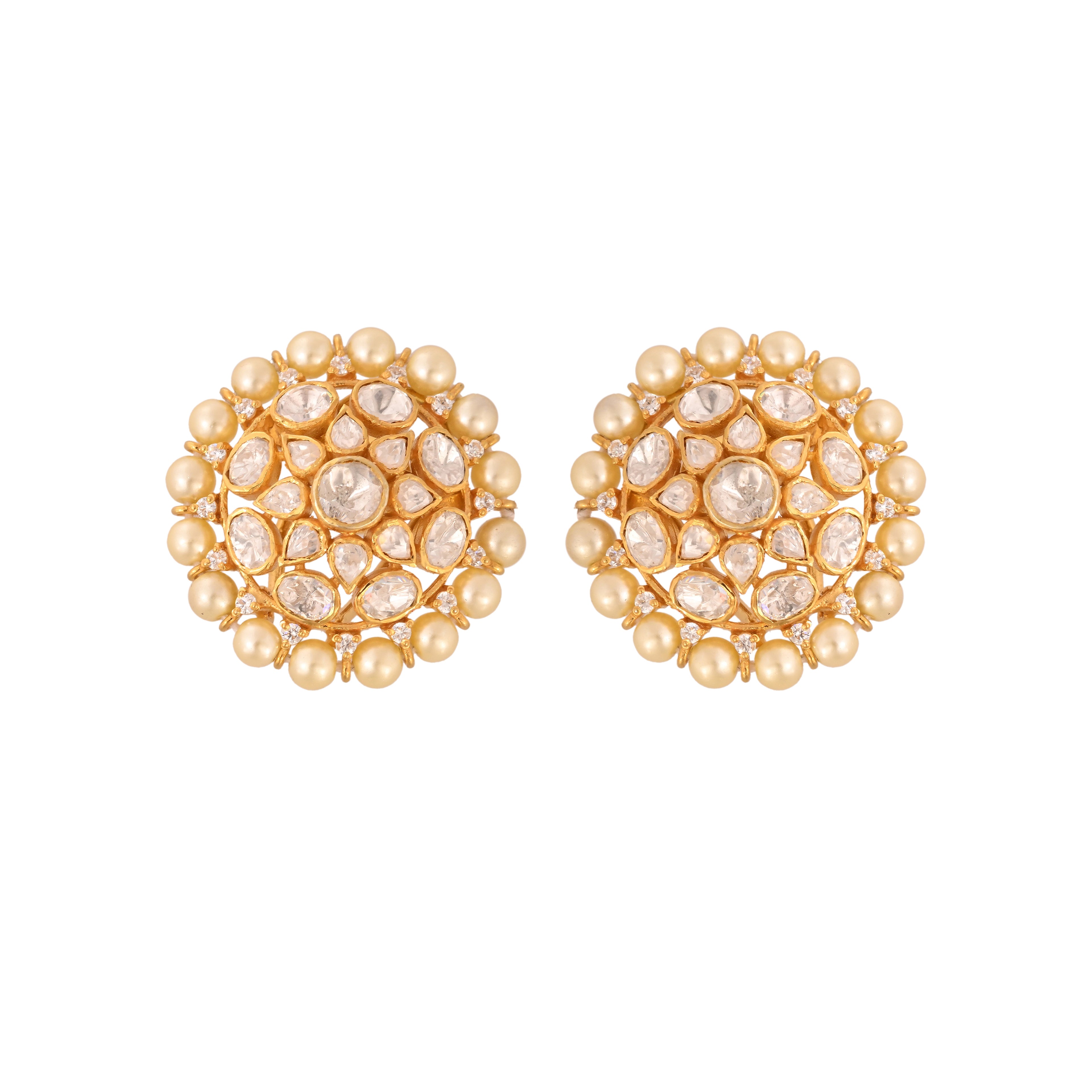 Noor Bloom Round Polki & Pearl Silver Earrings