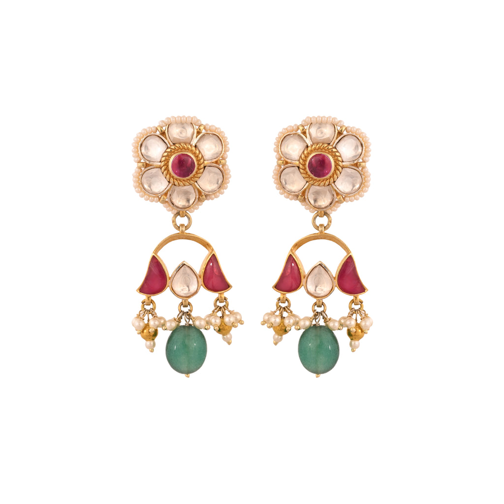 Floral Multi-Colour Long Silver Earrings