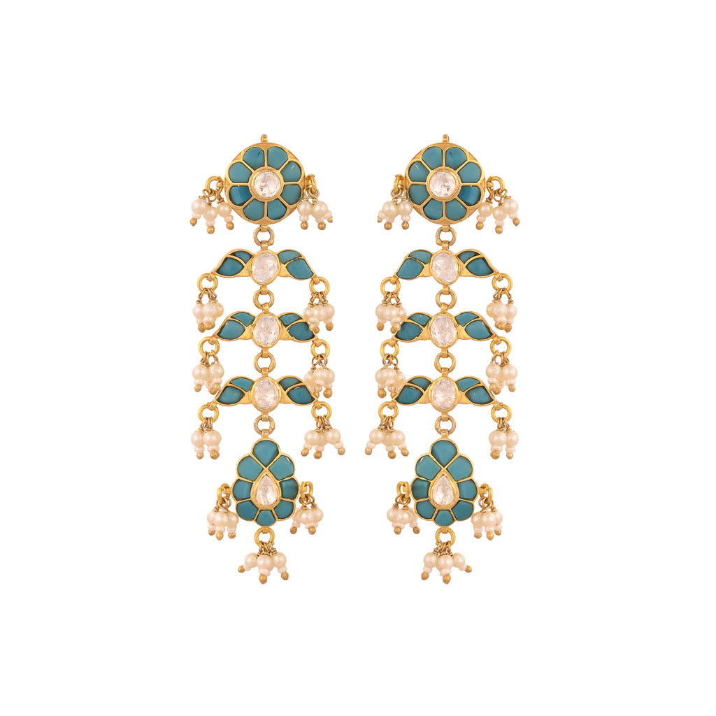 Gulnaar Turquoise Bloom Silver Long Earrings