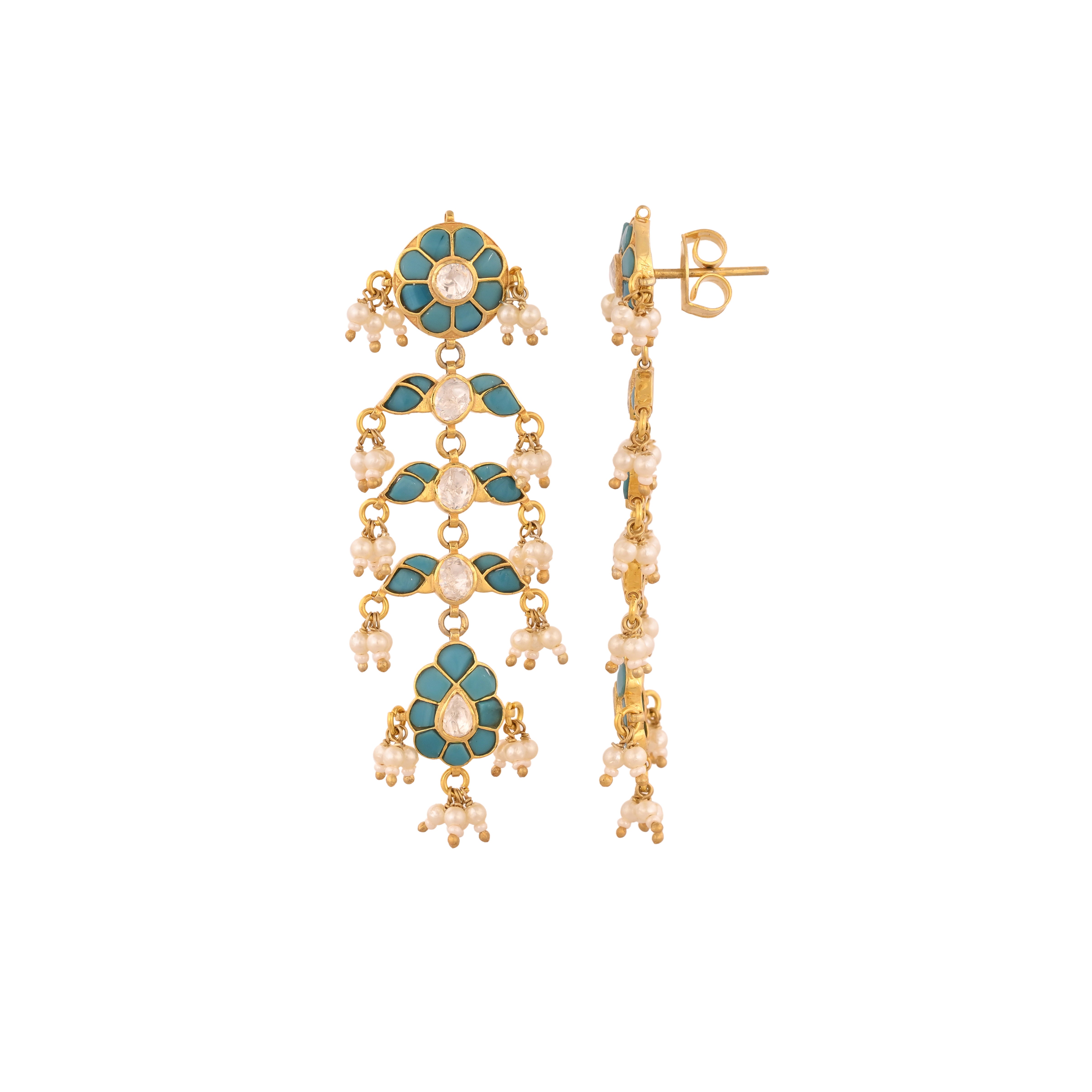 Gulnaar Turquoise Bloom Silver Long Earrings