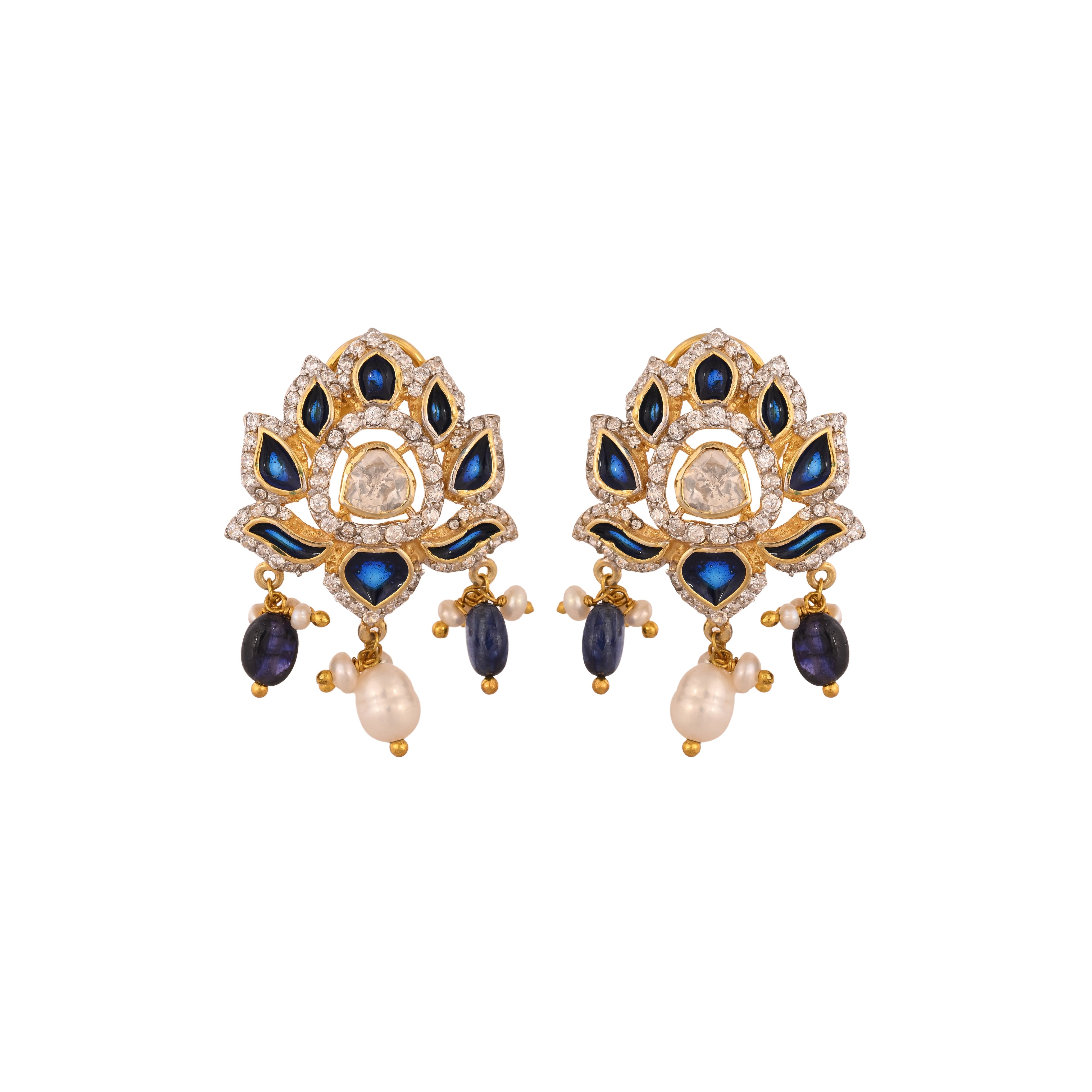 Lotus Sapphire & Polki Silver Earrings