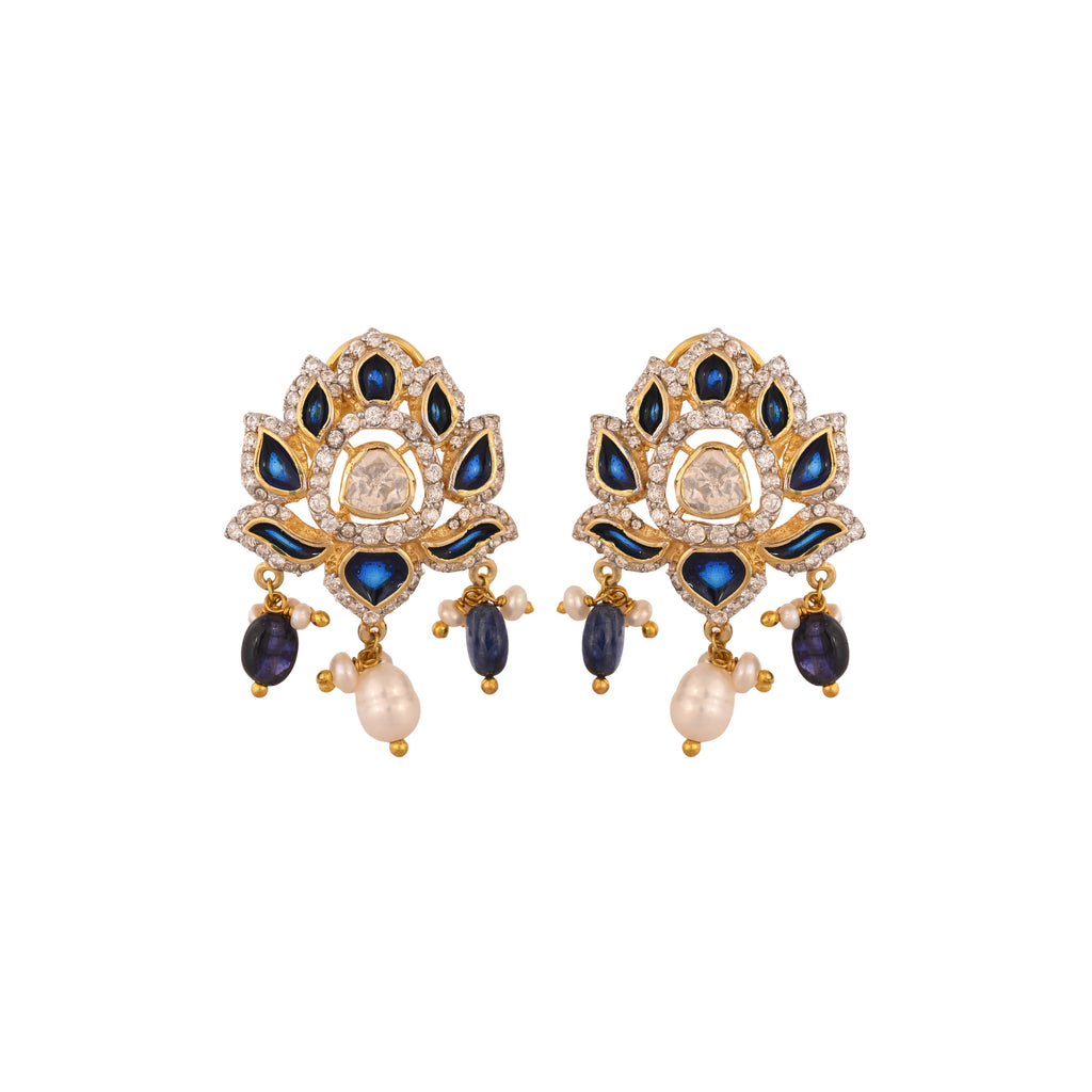 Lotus Sapphire & Polki Silver Earrings