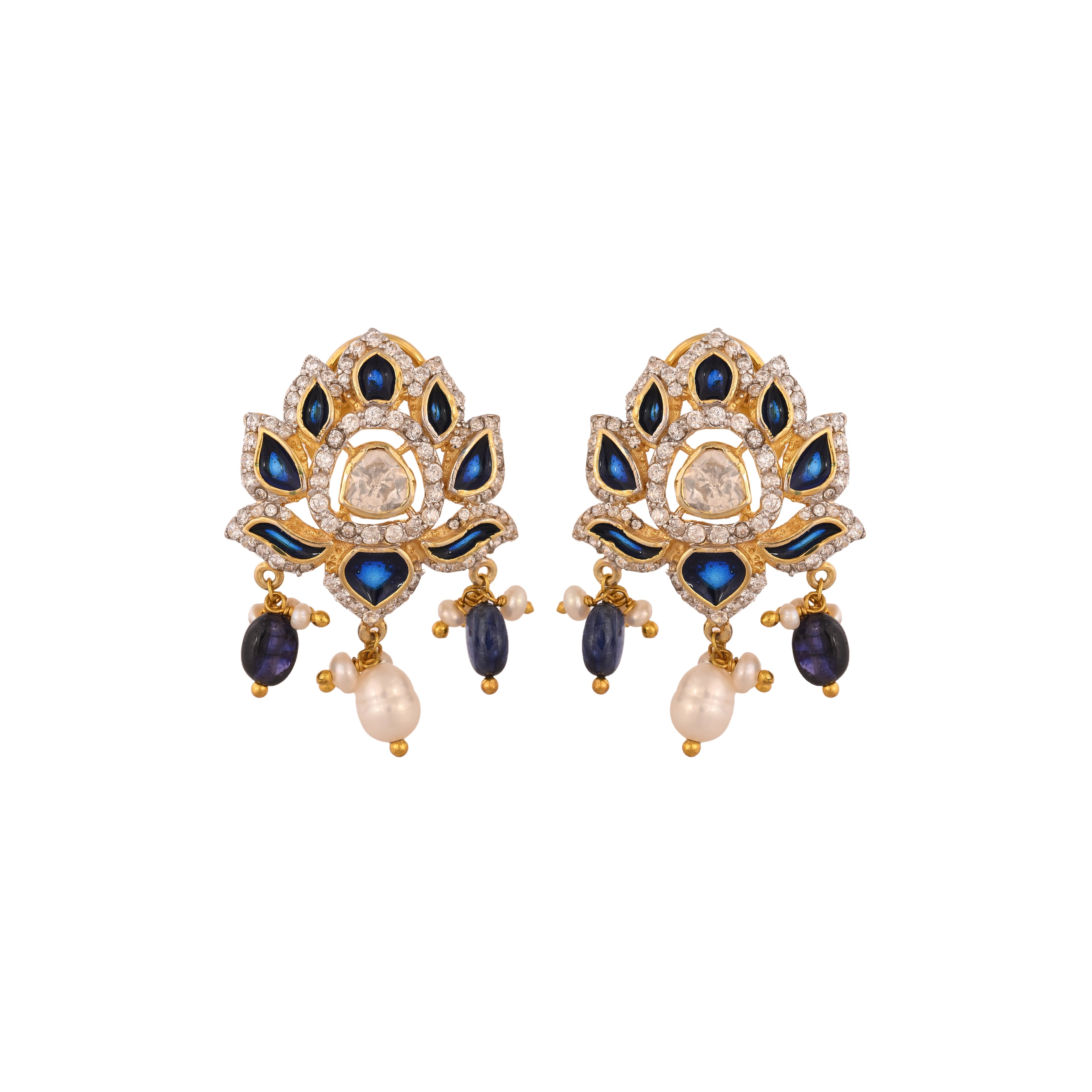 Lotus Sapphire & Polki Silver Earrings