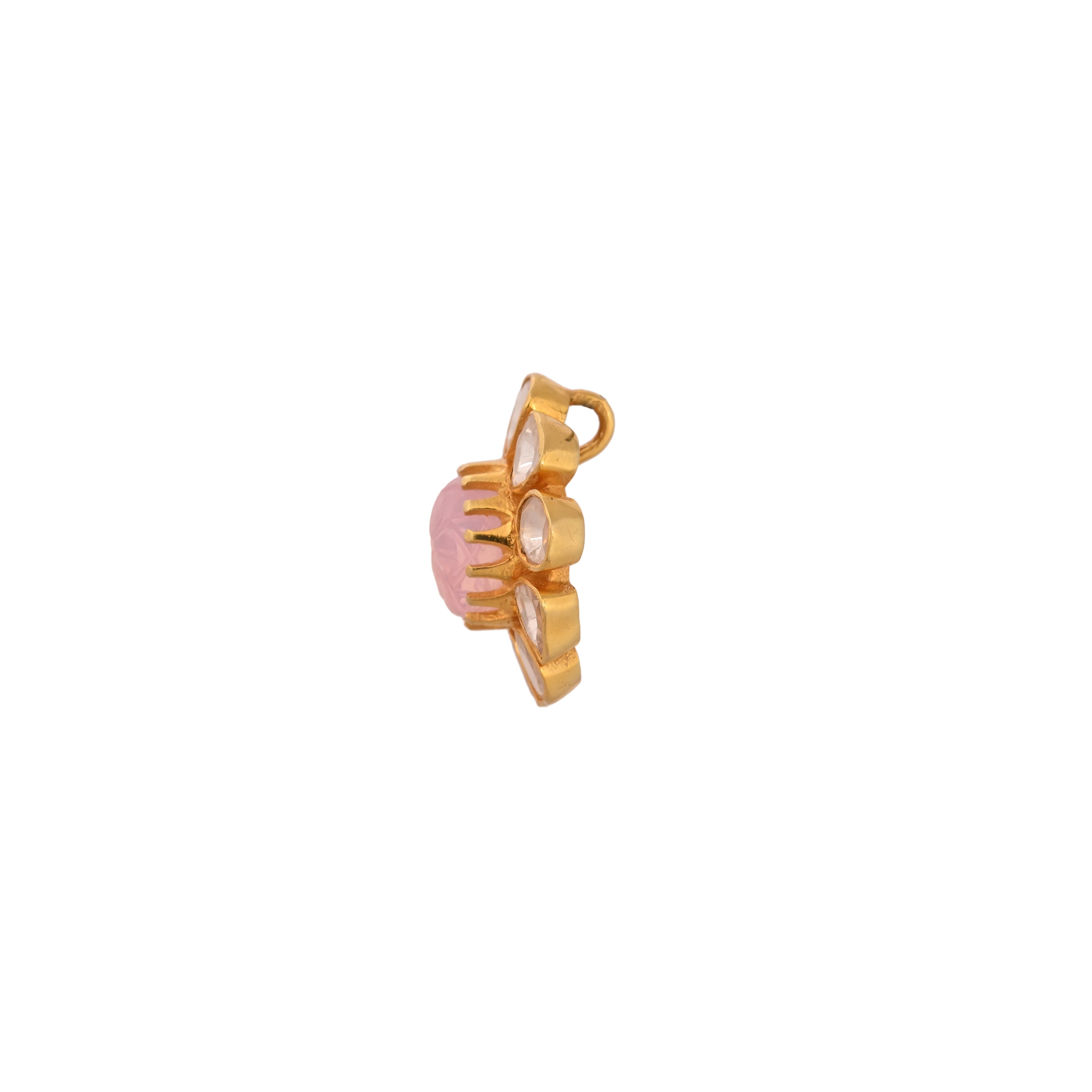 Rose Quartz Floral Polki Silver Pendant