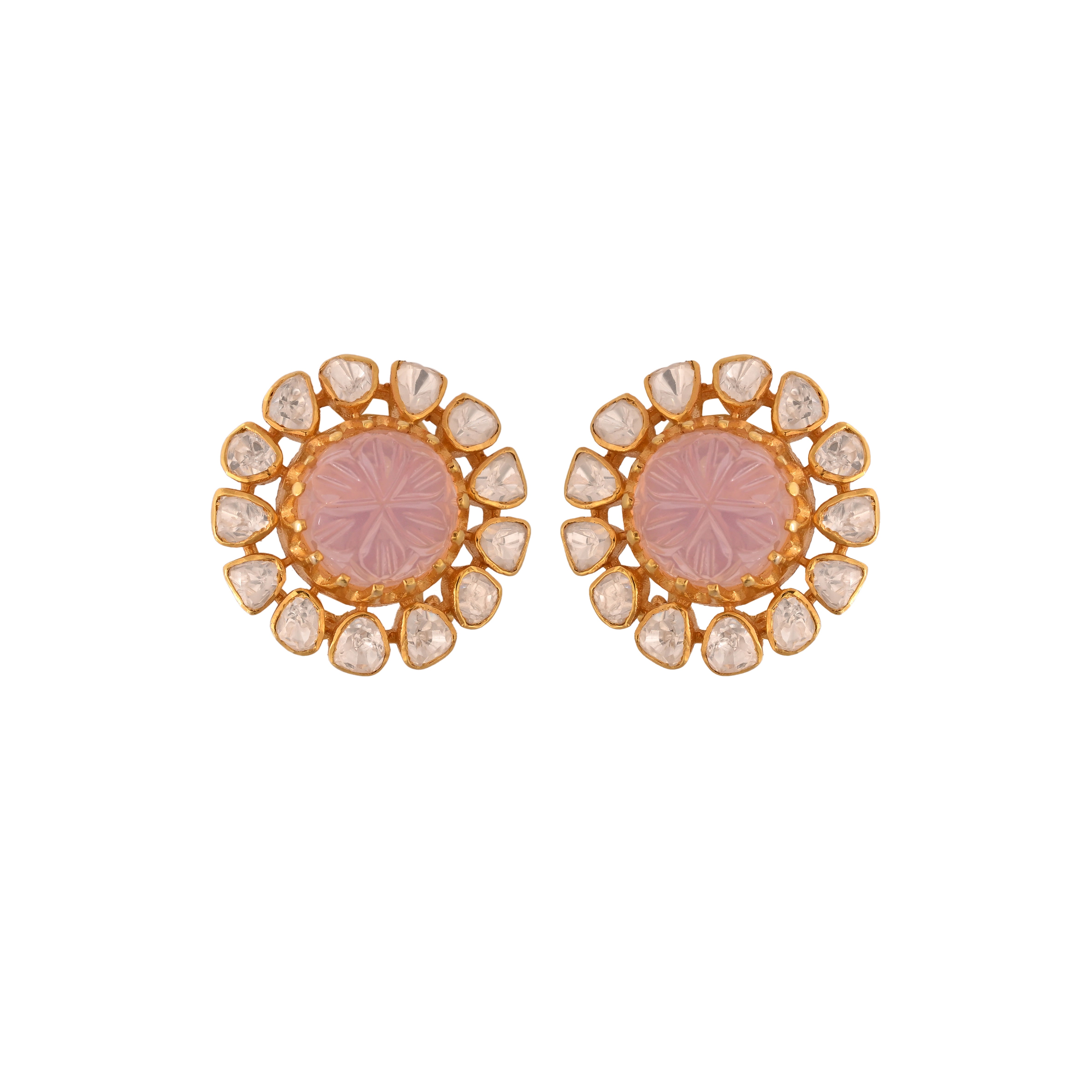 Rose Quartz Floral Polki Silver Earrings
