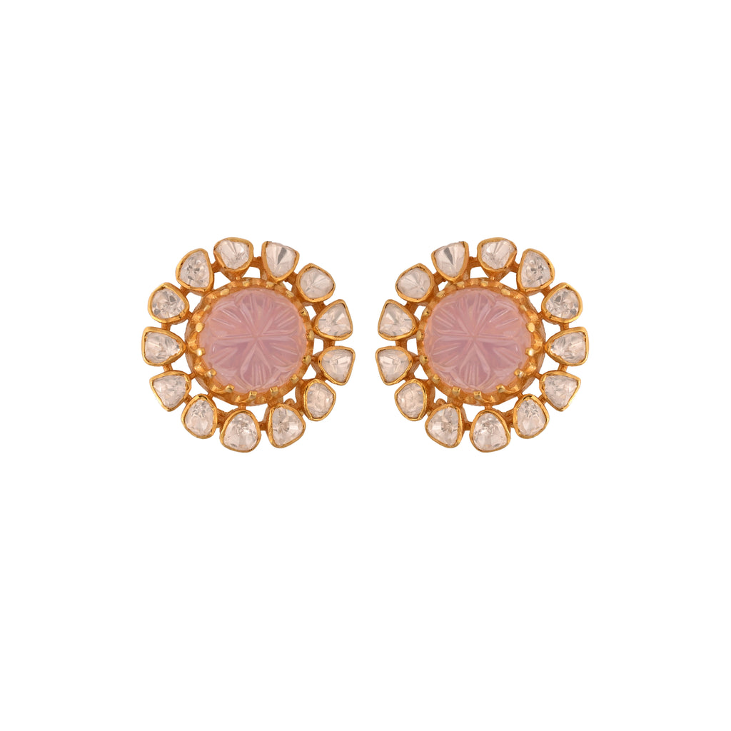 Rose Quartz Floral Polki Silver Earrings