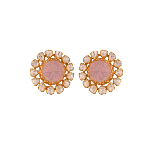 Rose Quartz Floral Polki Silver Earrings