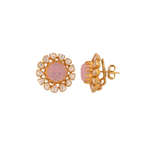 Rose Quartz Floral Polki Silver Earrings
