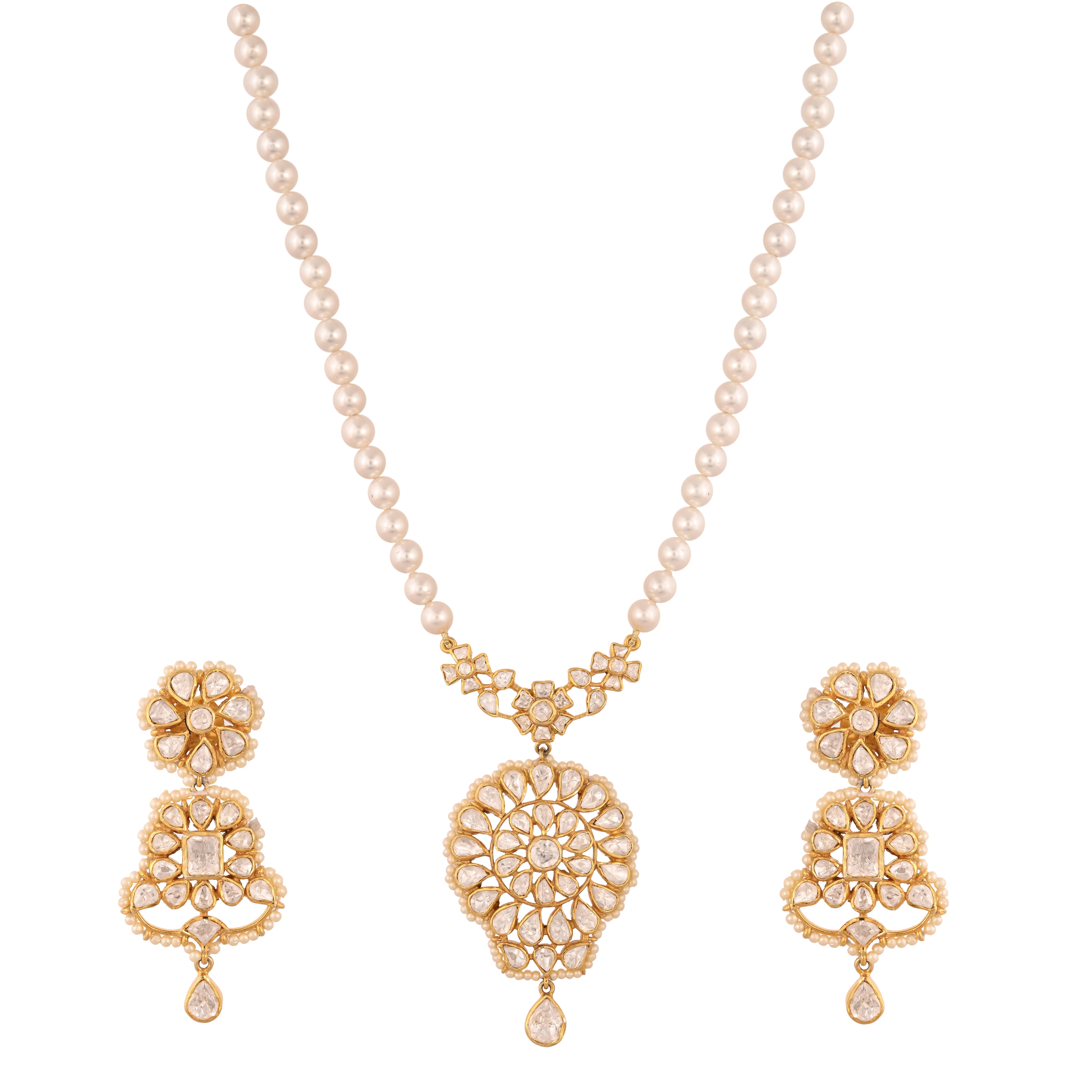 Noor Bloom Polki & Pearl Silver Necklace Set