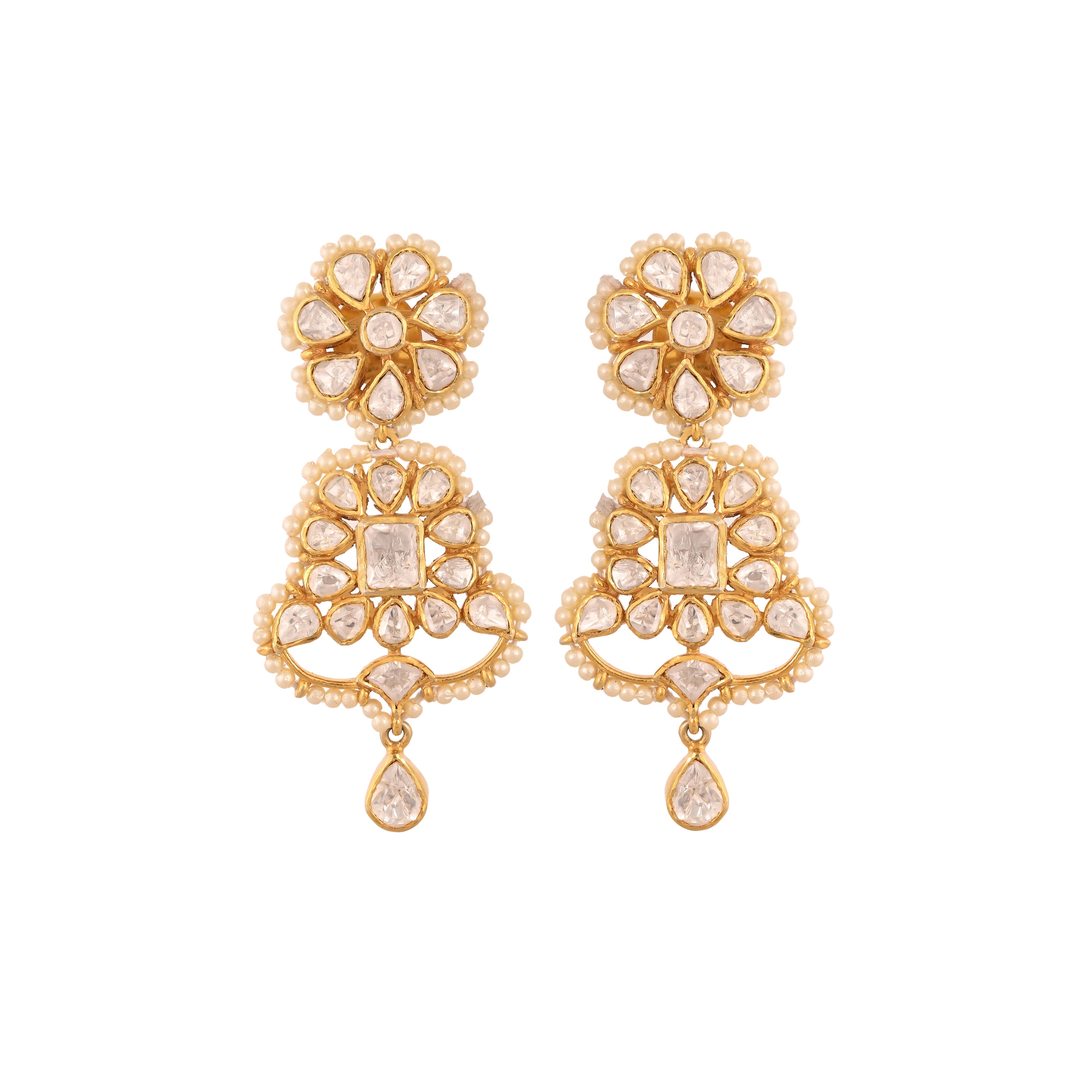 Noor Bloom Polki & Pearl Long Silver Earrings