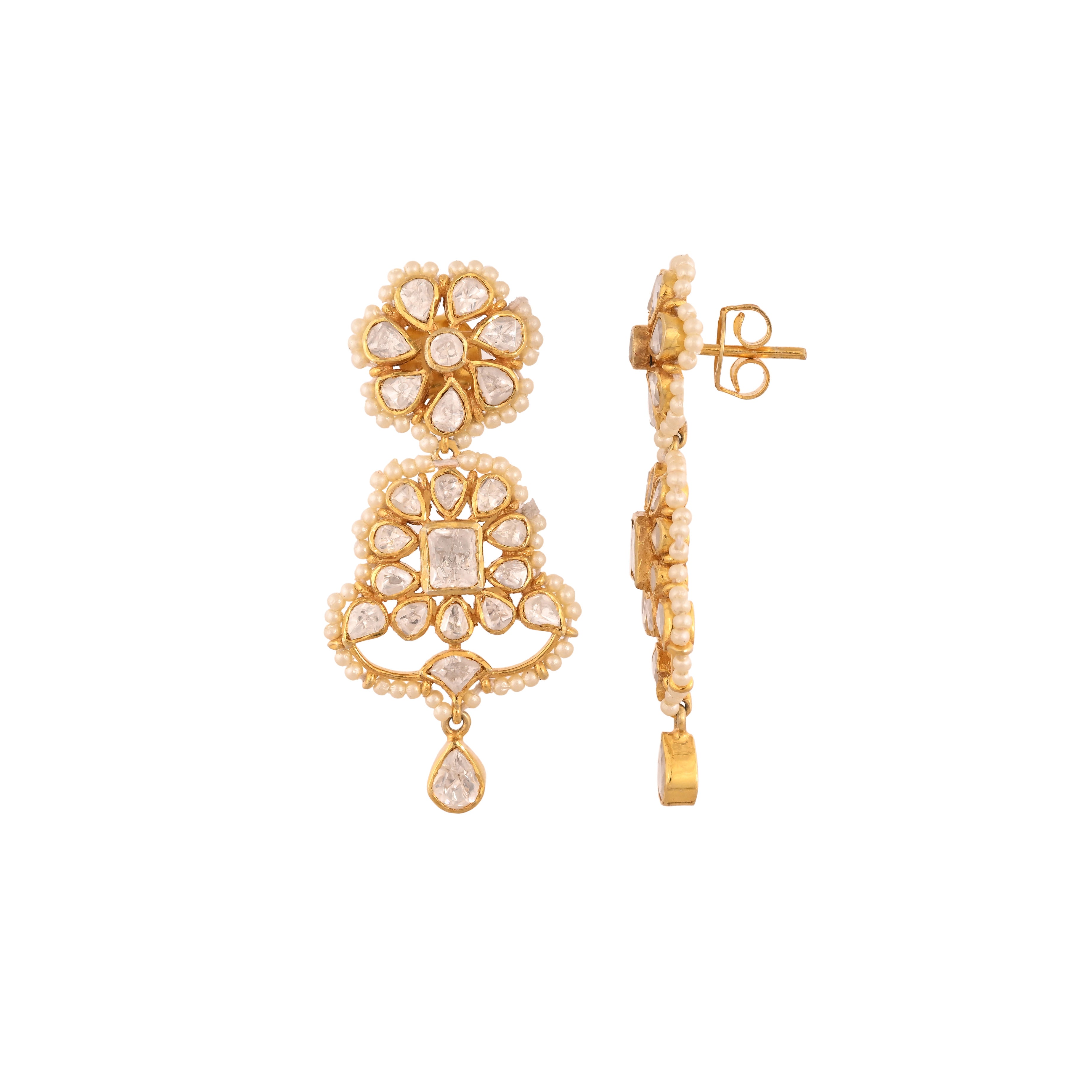 Noor Bloom Polki & Pearl Long Silver Earrings