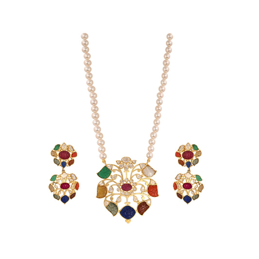 Navratna Polki Leaf Silver Necklace Set