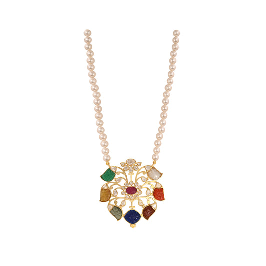 Navratna Polki Leaf Silver Necklace