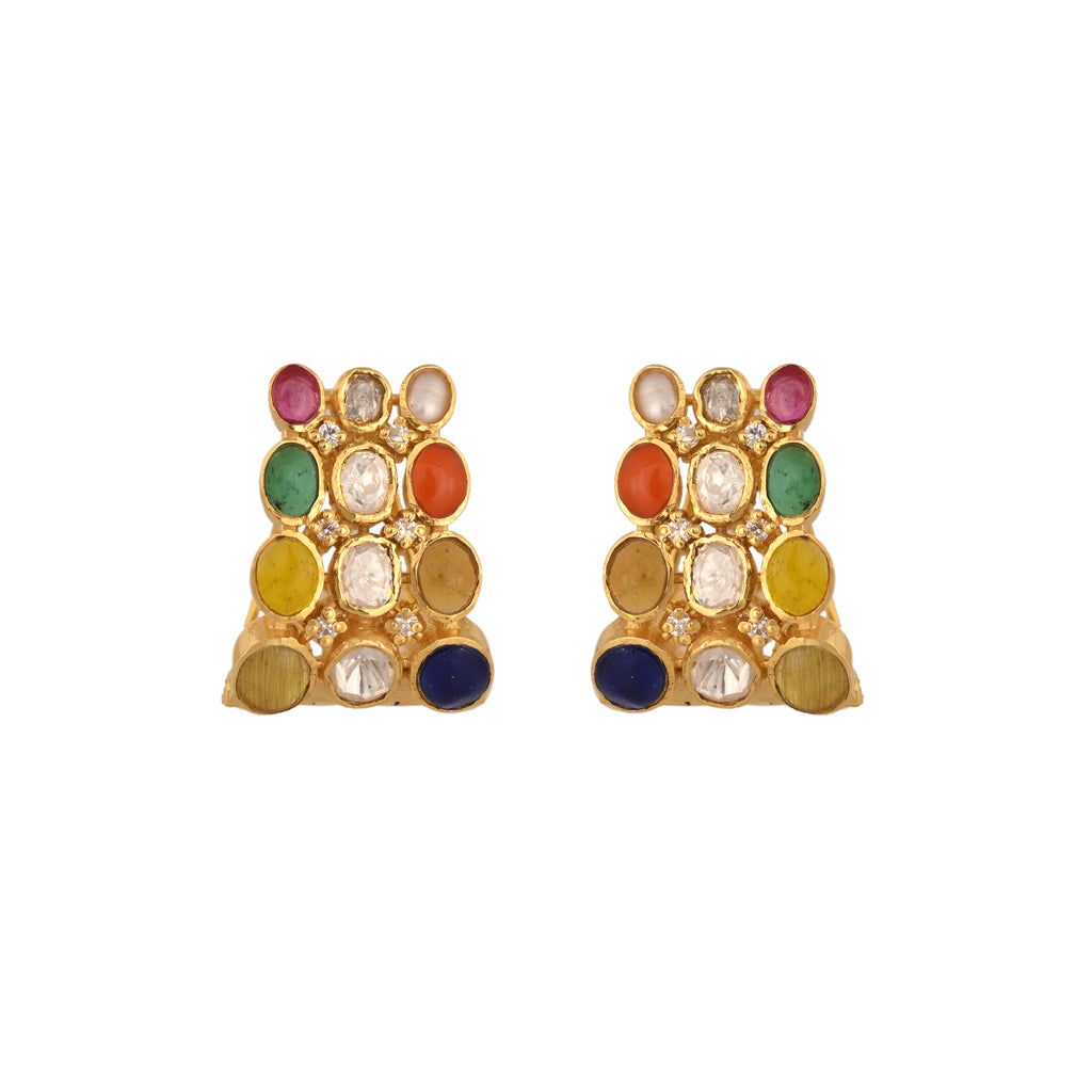 Navratna Polki Silver Bali Earrings