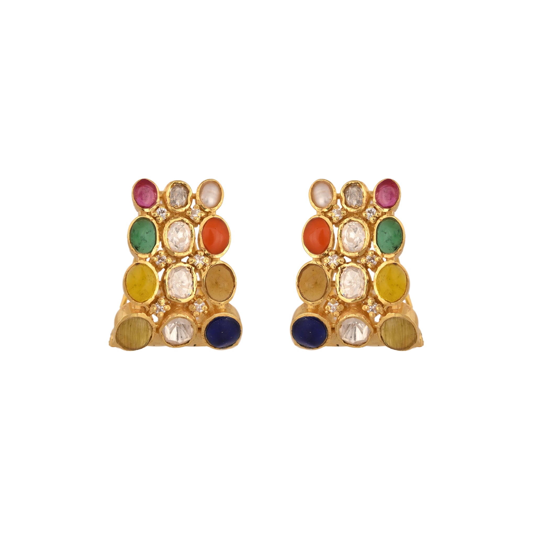 Navratna Polki Silver Bali Earrings