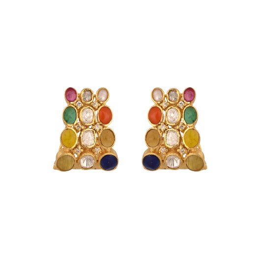 Navratna Polki Silver Bali Earrings
