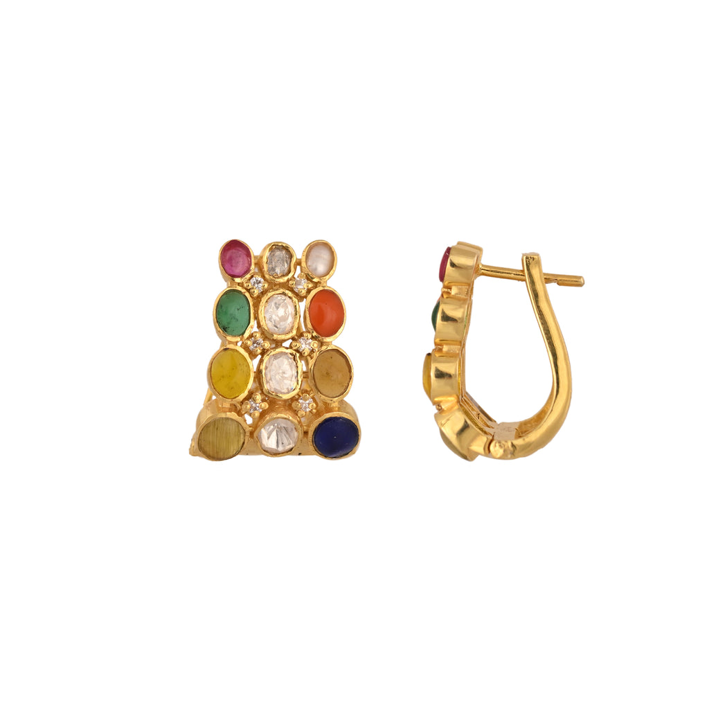 Navratna Polki Silver Bali Earrings