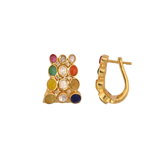 Navratna Polki Silver Bali Earrings