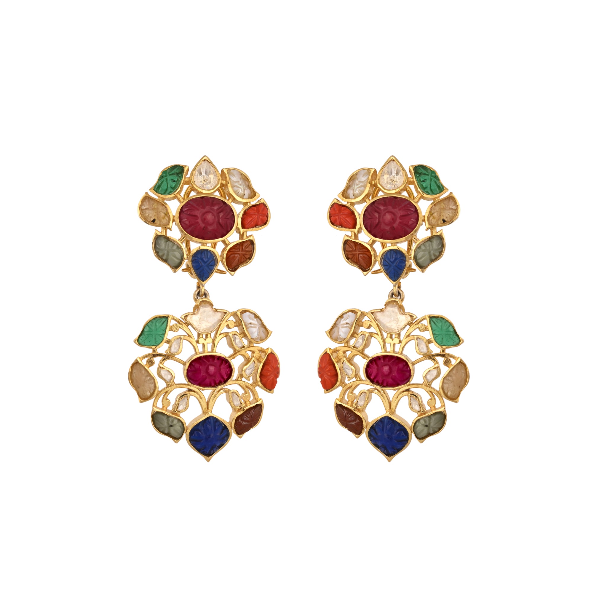 Navratna Polki Leaf Silver Earrings