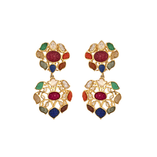 Navratna Polki Leaf Silver Earrings
