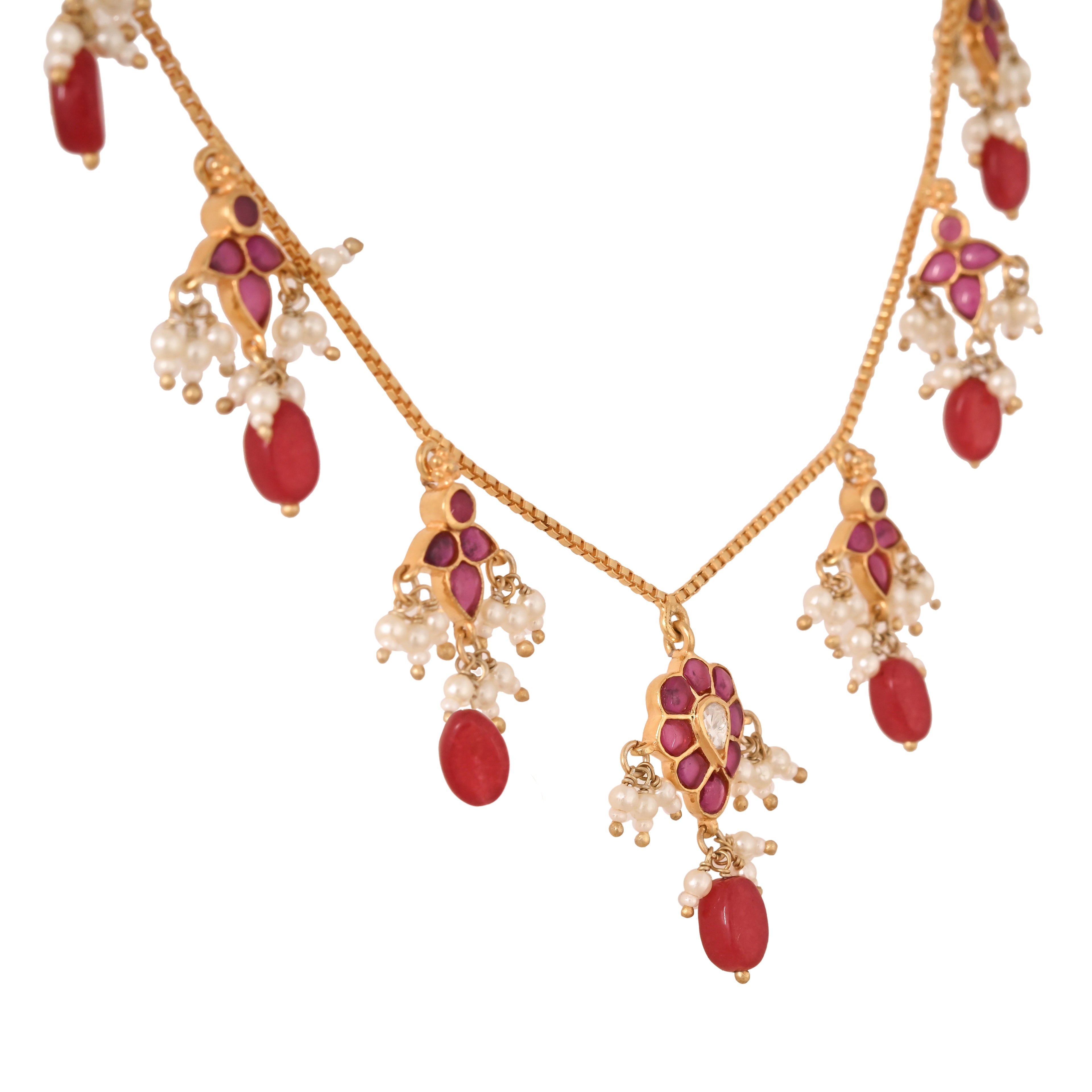 Gulnaar Ruby Bloom Silver Chain Necklace Set
