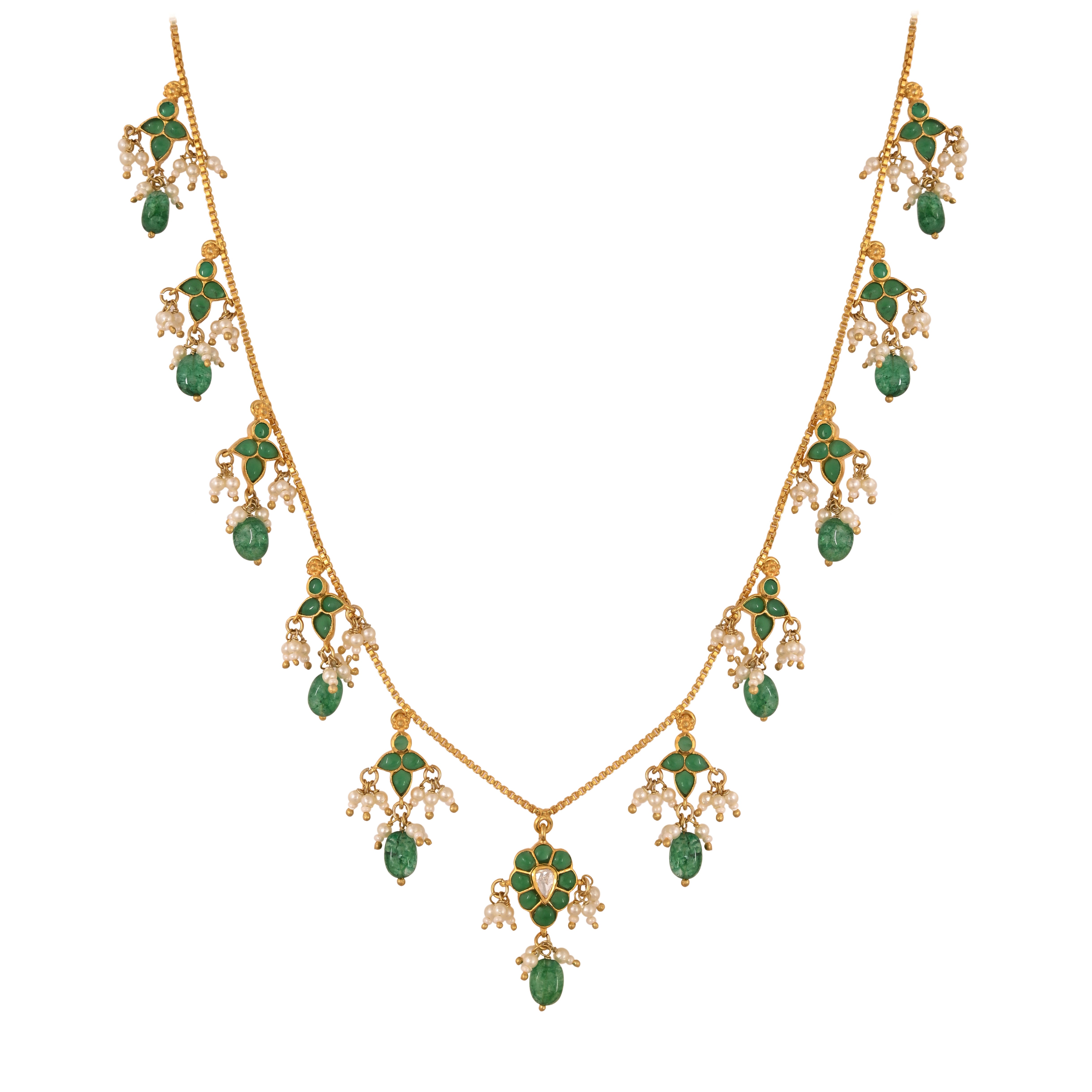 Gulnaar Emerald Bloom Silver Chain Necklace Set
