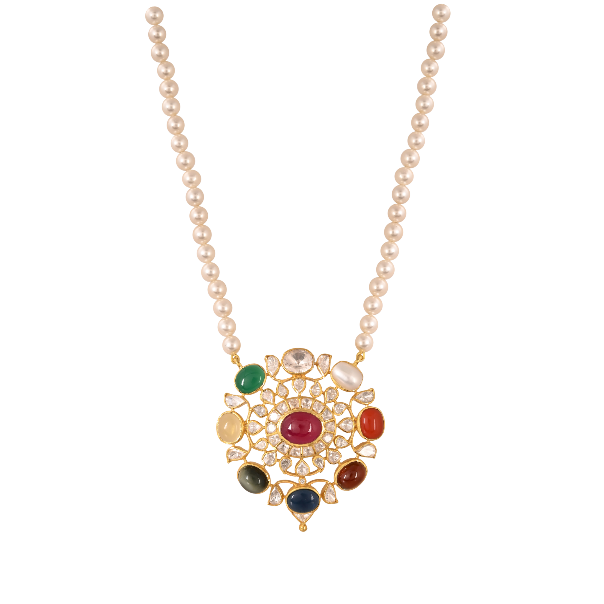 Navratna Polki Silver Necklace Set