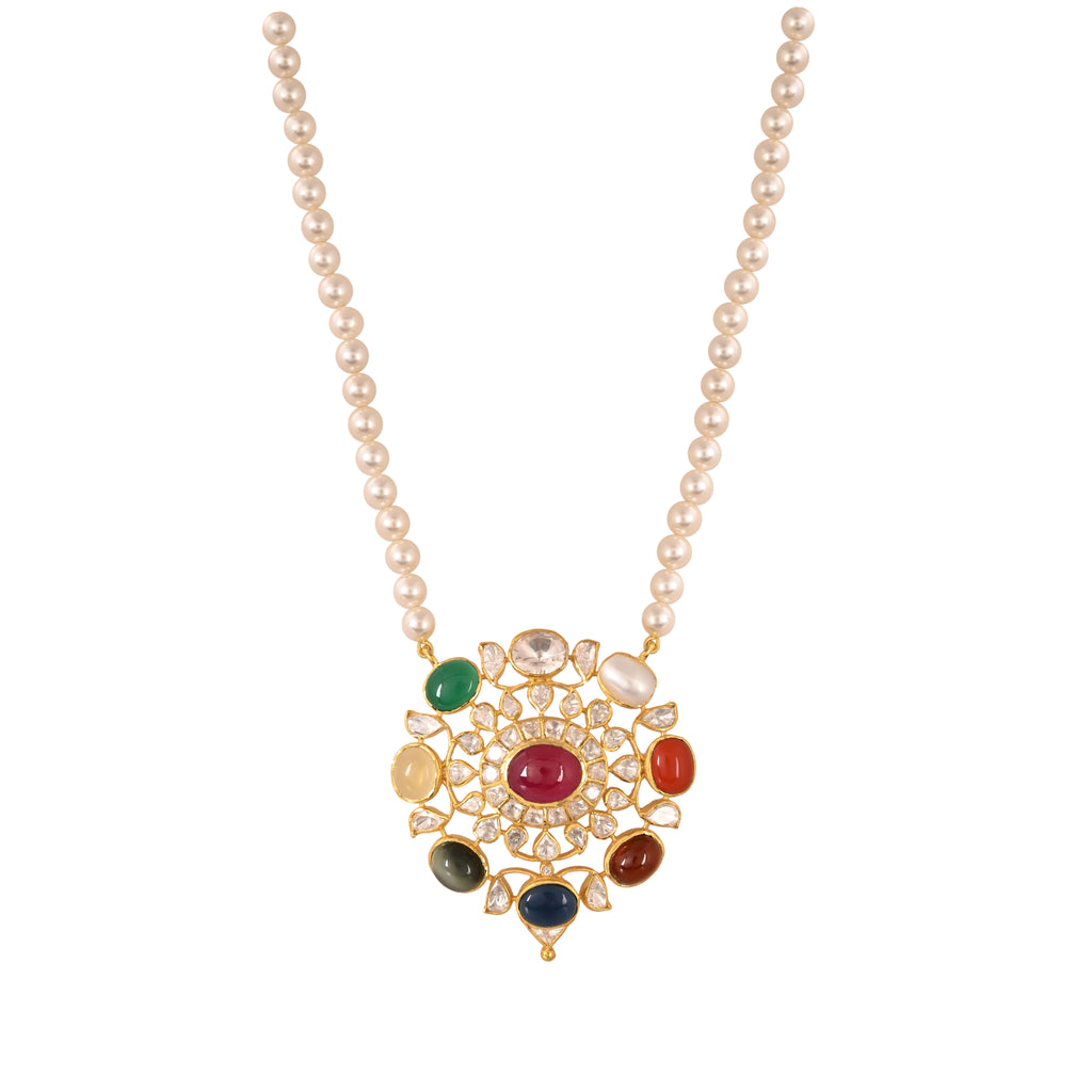 Navratna Polki Silver Necklace