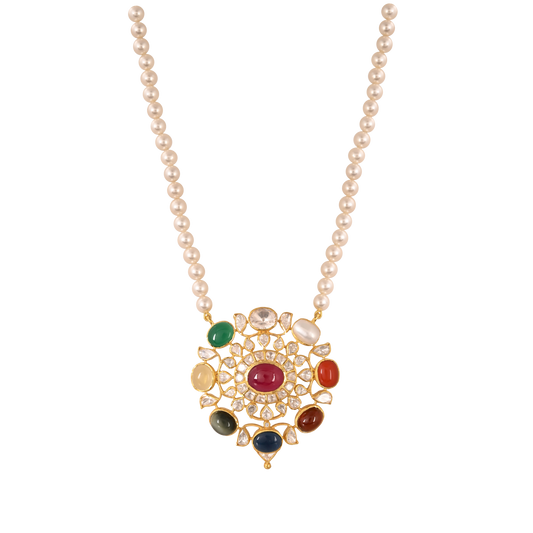 Navratna Polki Silver Necklace Set