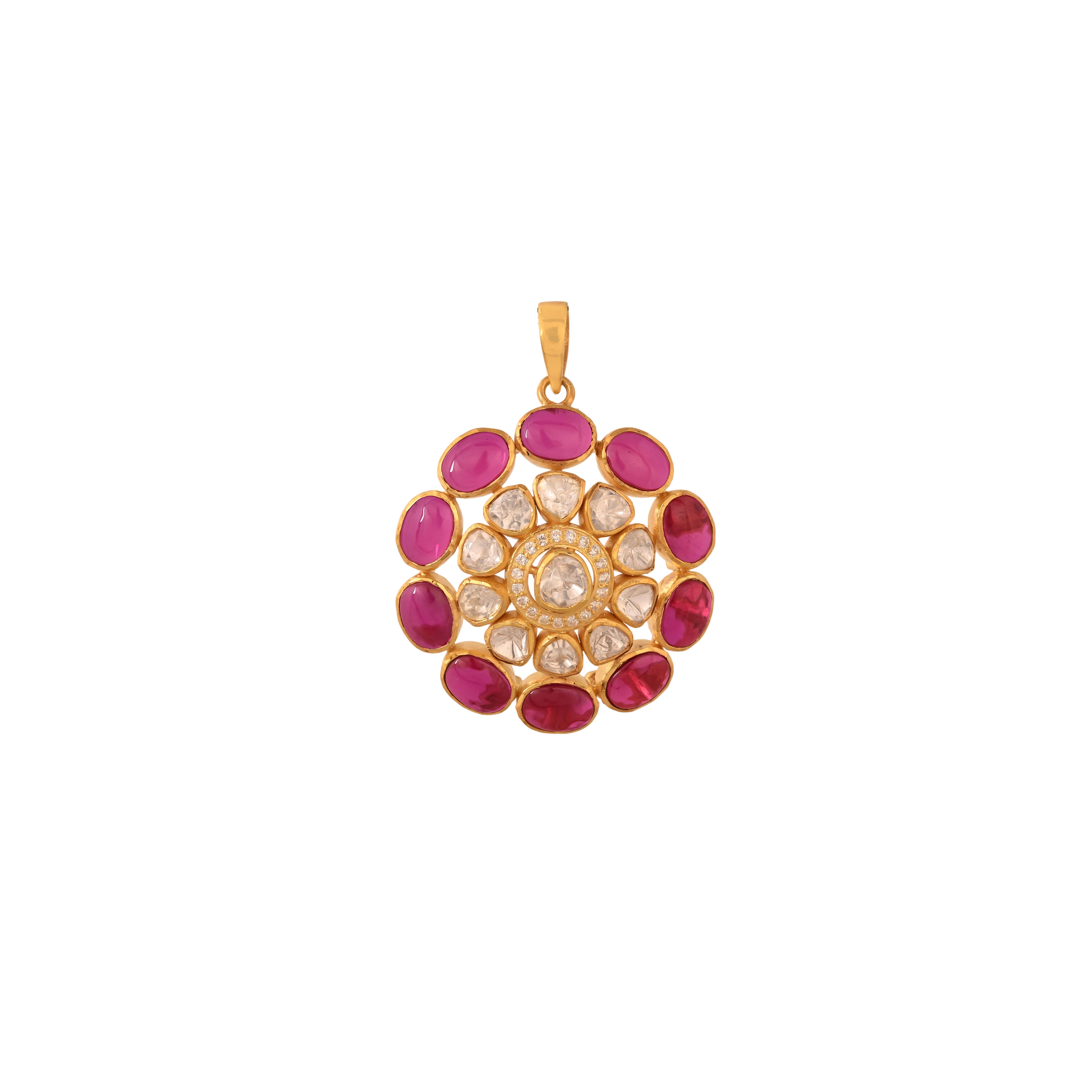Gul Ruby & Polki Round Silver Pendant Set
