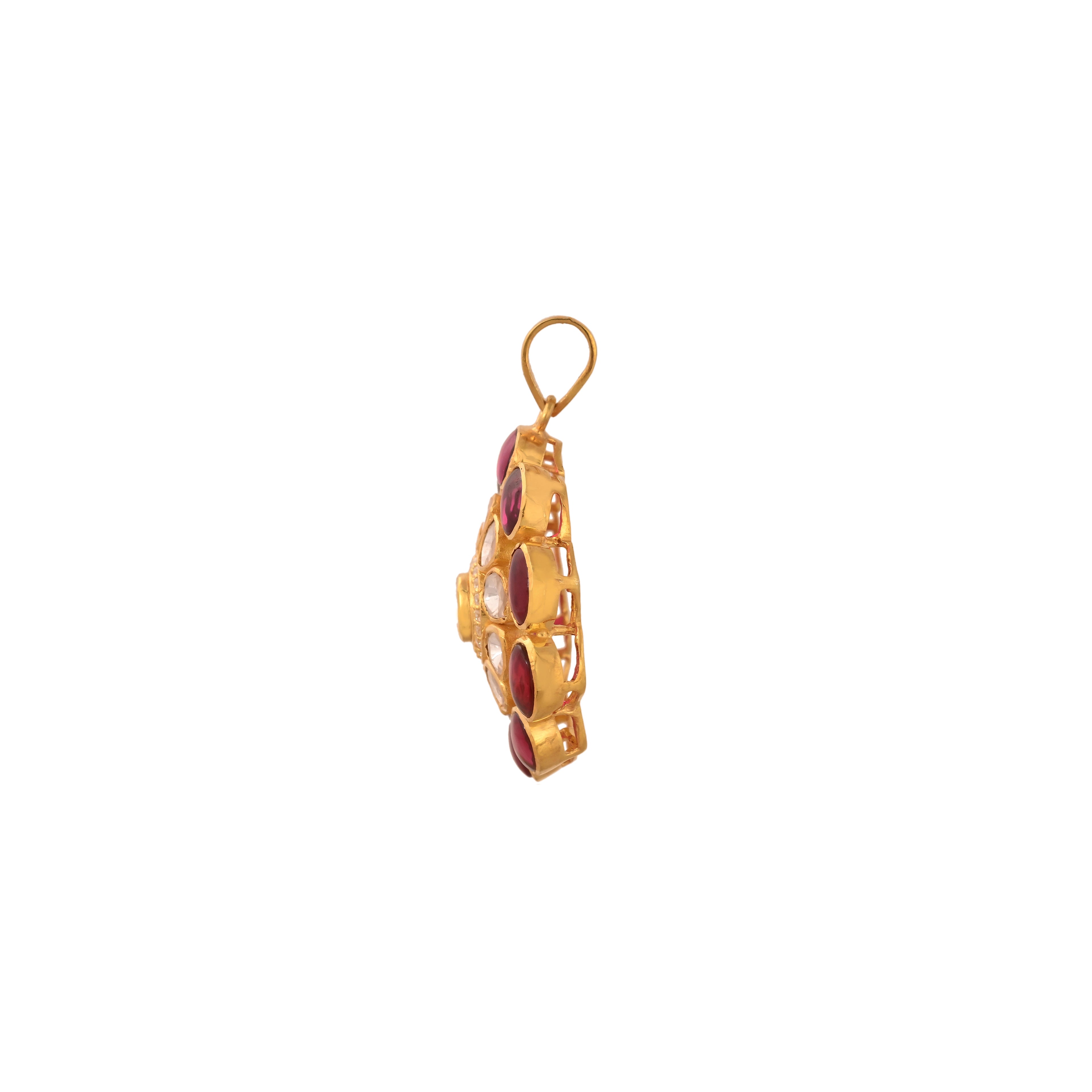 Gul Ruby & Polki Round Silver Pendant