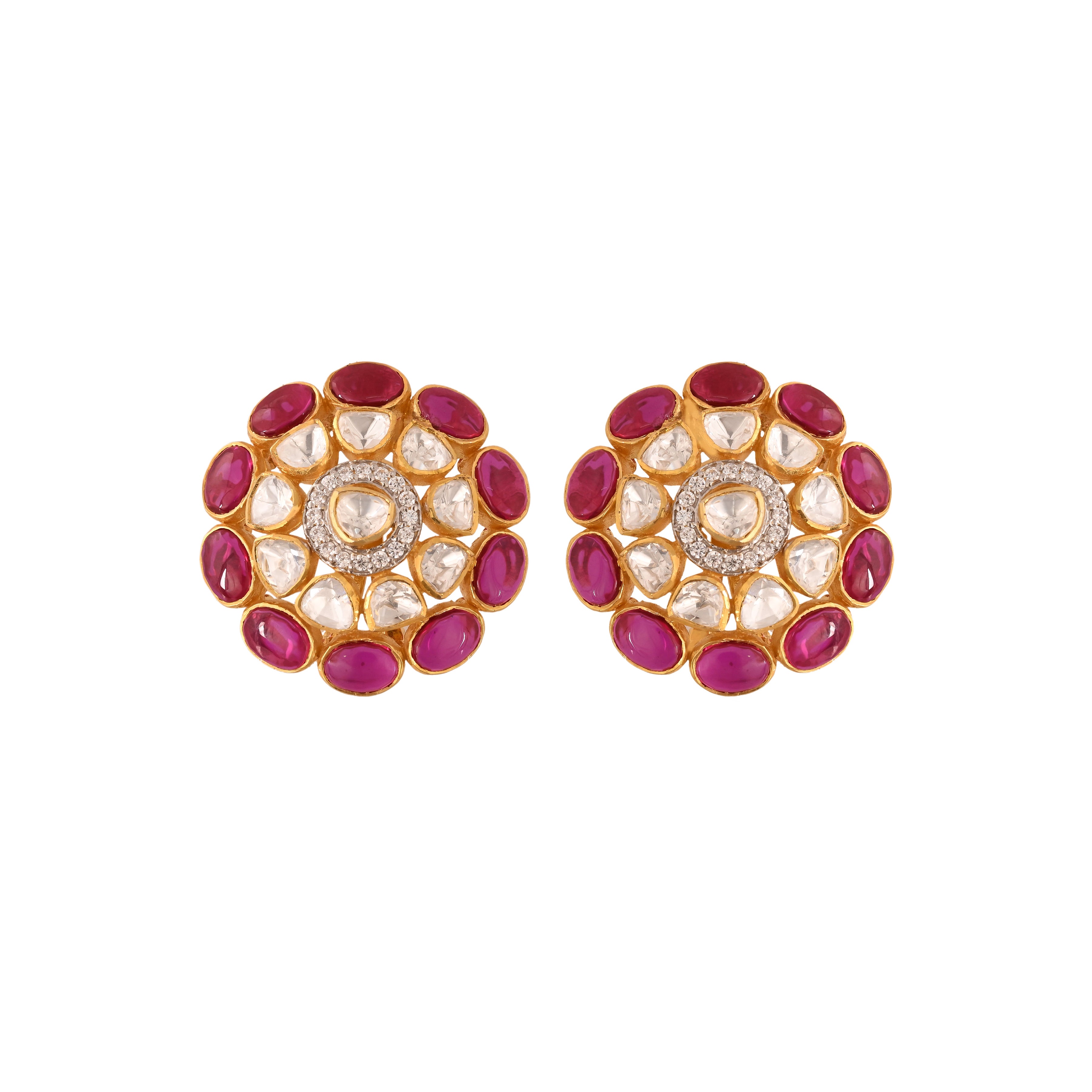 Gul Ruby & Polki Round Silver Earrings
