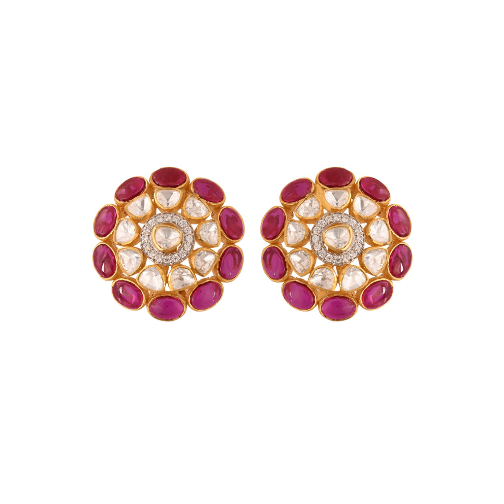 Gul Ruby & Polki Round Silver Earrings