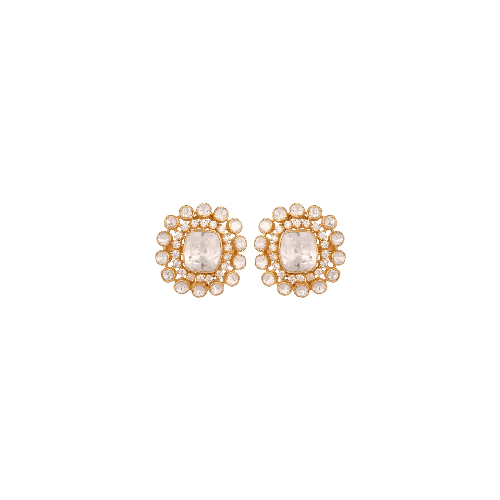 White Polki geometric Silver Stud Earrings