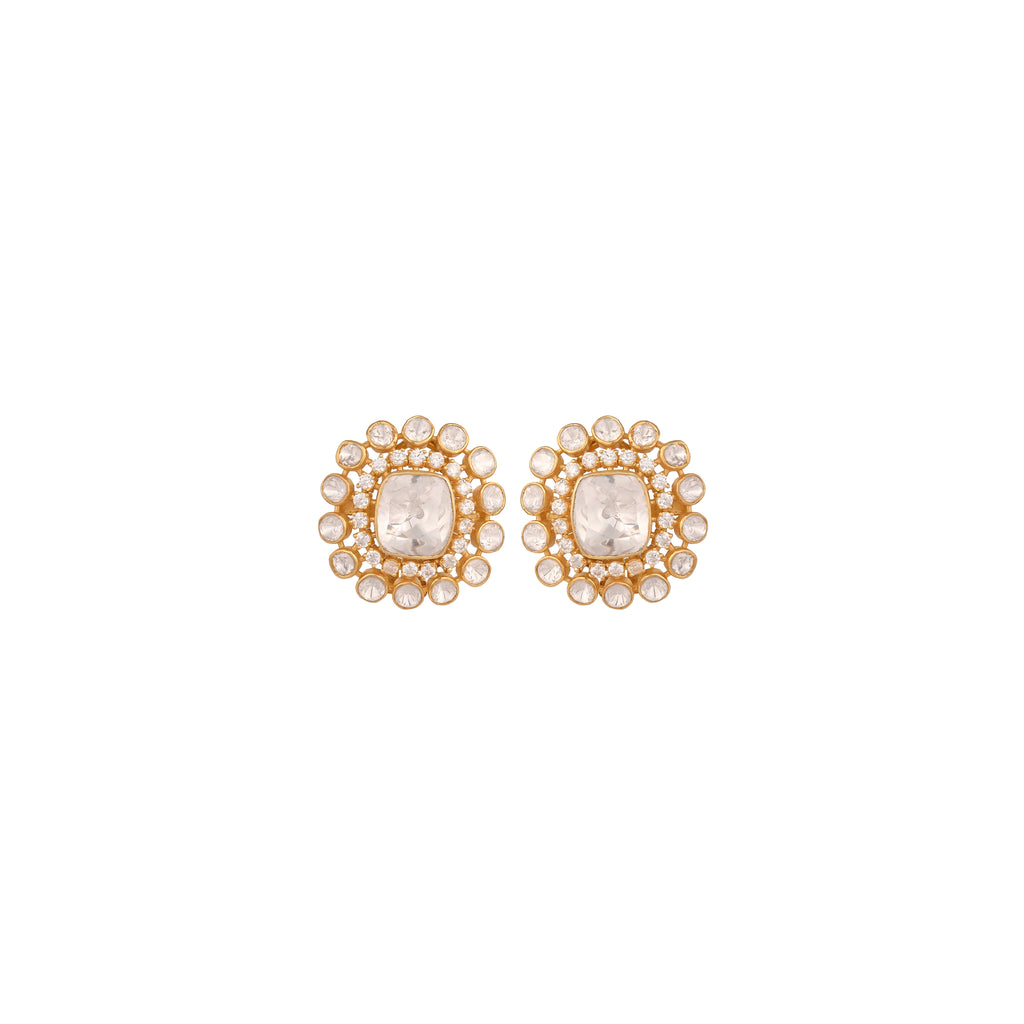 White Polki geometric Silver Stud Earrings