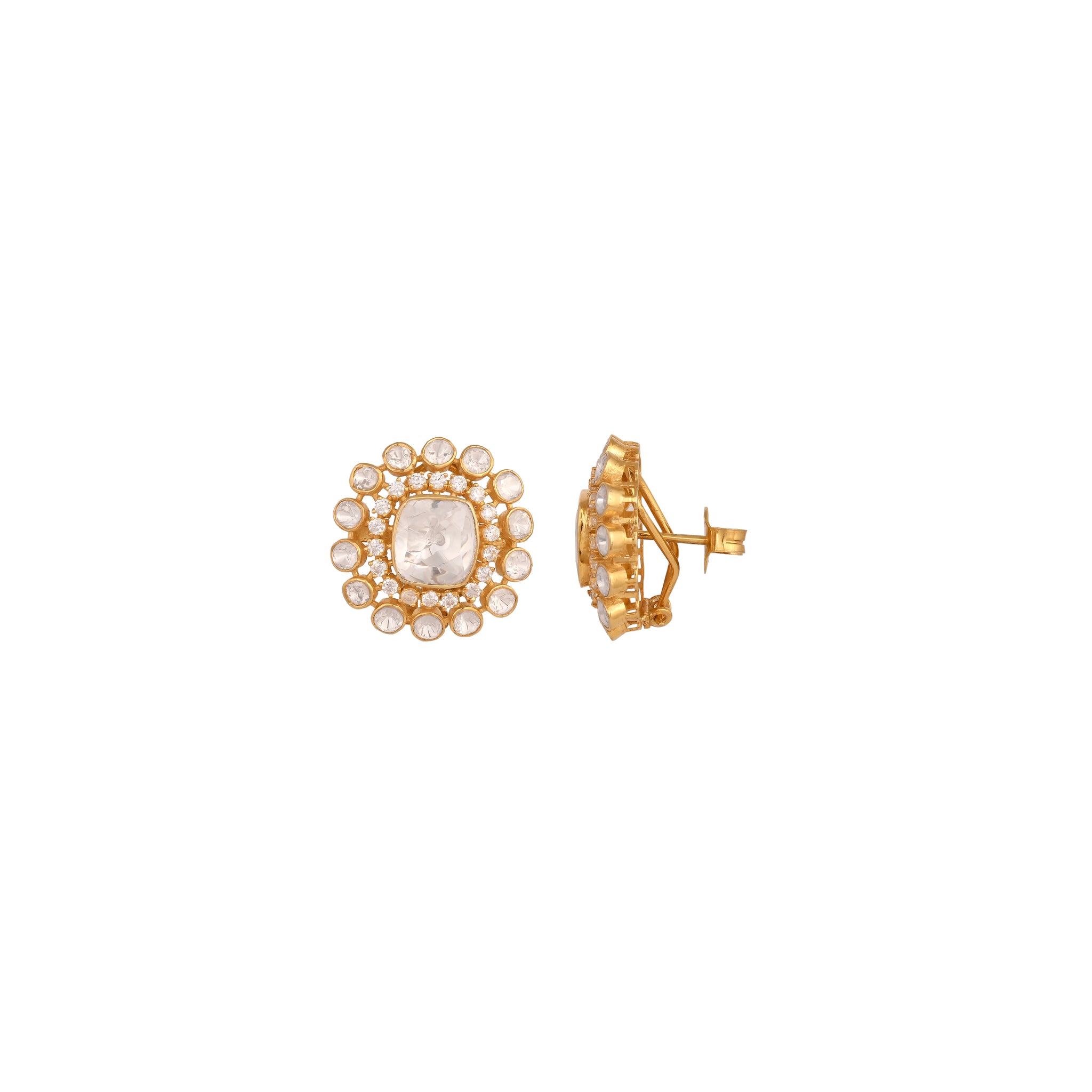 White Polki geometric Silver Stud Earrings