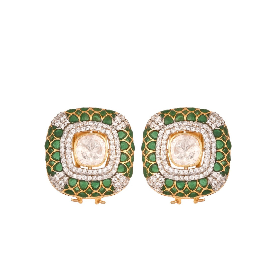 Emerald Square Polki Silver Stud Earrings
